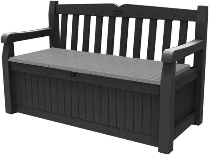 Keter Eden Bench 265L Outdoor 60% recycled Garden Furniture Storage Box Graphite & Light Grey | Fade Free | All Weather Resistant | Safe and Secure | Zero Maintenance | 2 year Warranty