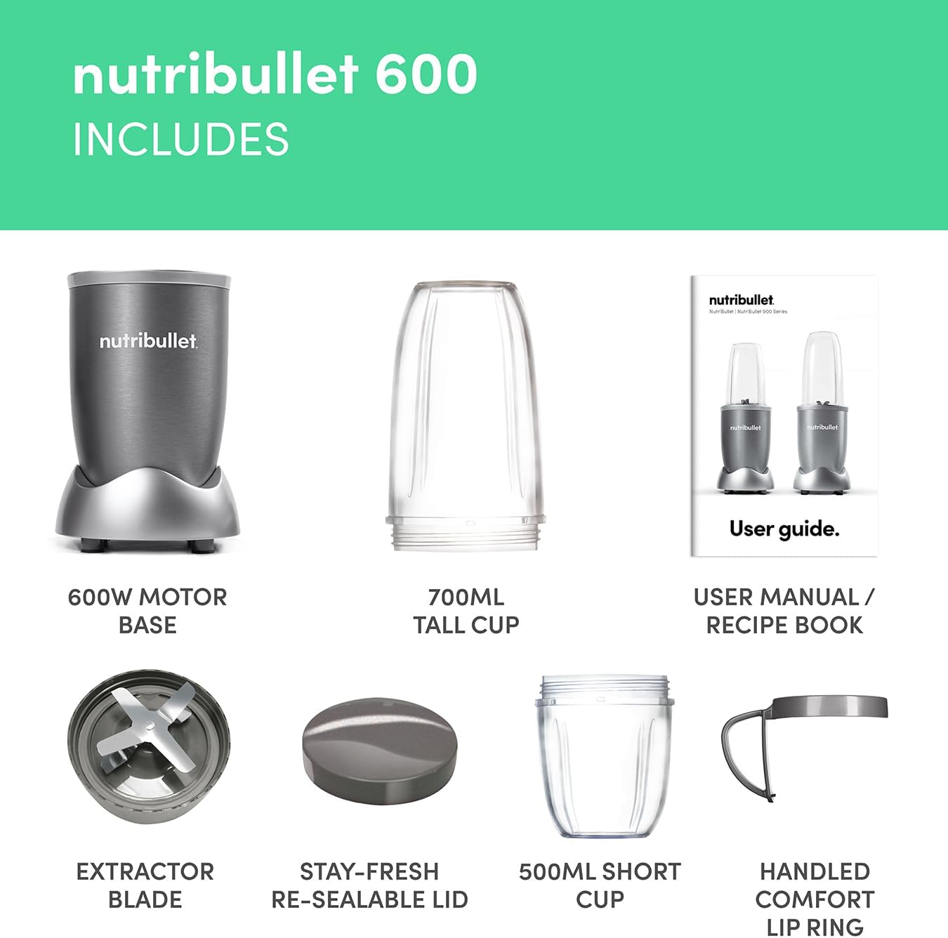 Nutribullet 600 Series Blender – 600W, 20,000 RPM, Smoothie Maker, 7-Piece Kit, Grey