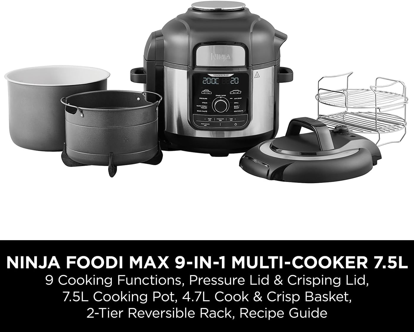 Ninja Foodi MAX Multi Cooker OP500UK 7.5L – 9-in-1 Pressure Cooker, Air Fryer, Grill & Slow Cooker, Black & Steel