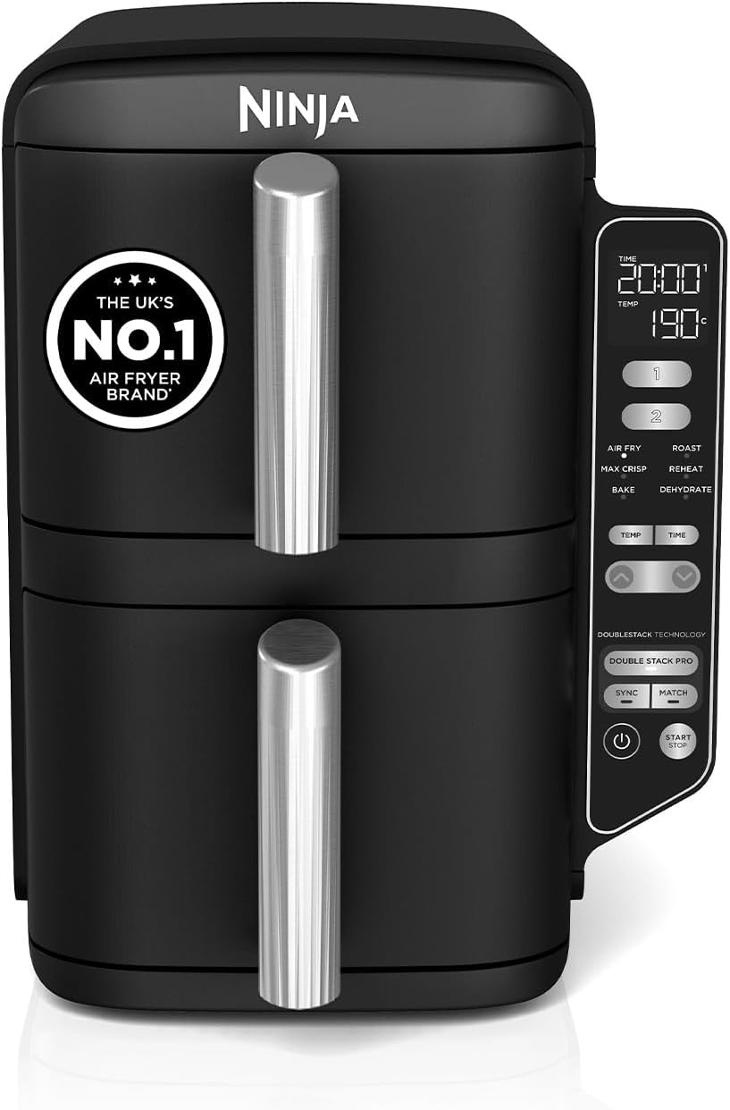 Ninja SL300UK Double Stack Air Fryer 7.6L – Dual Drawer, 6 Functions, Space Saving, Black