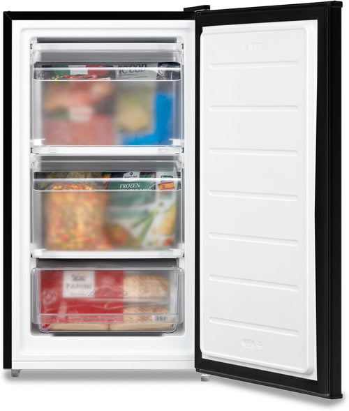 COMFEE' RCU60BL2UK(E) 60 Litre Freestanding Under Counter, 48cm Upright Freezer Adjustable Thermostat, Reversible Door, 4 Star Freezer Rating Drawer, Black [Energy Class E]