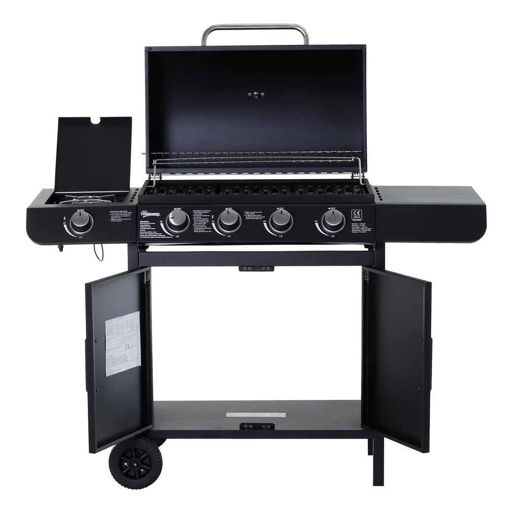Outsunny 4+1 Burner Gas BBQ Grill, Outdoor Barbecue Trolley with Wheels, Warming Rack, Side Shelves, Cabinet, Thermometer for Garden, Party, Camping, 125 L x 51 W x 100 H cm, Black