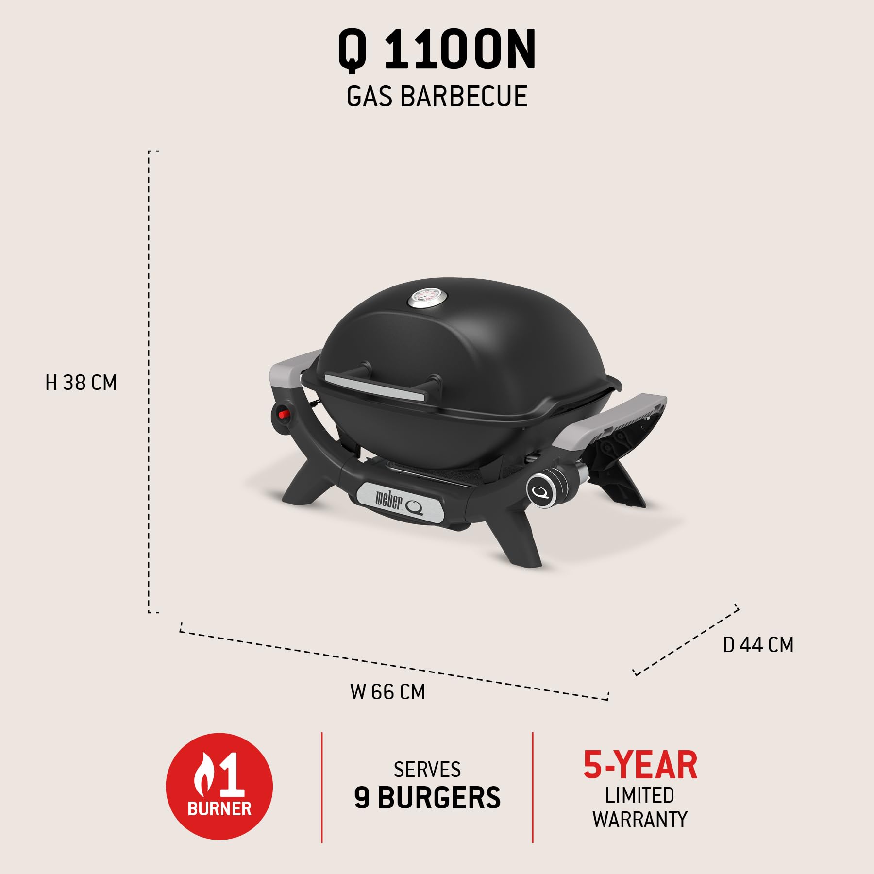 Weber Q 1100N Gas Barbecue/Portable Lightweight Grill for Camping, Patios and Balconies with High Efficiency Burner, Porcelain-Enamelled Cast Iron Grates and Electronic Ignition, Midnight Black
