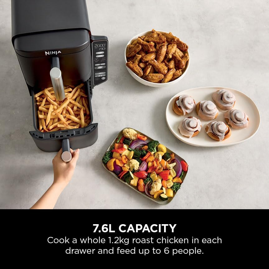 Ninja SL300UK Double Stack Air Fryer 7.6L – Dual Drawer, 6 Functions, Space Saving, Black