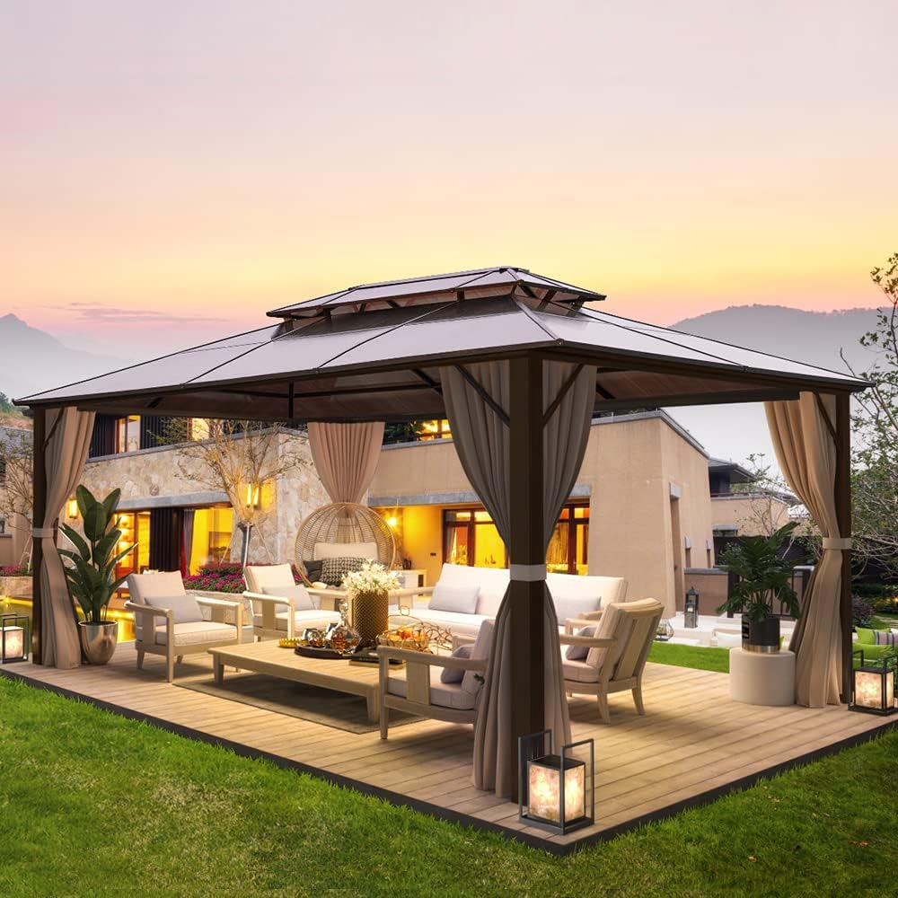 MELLCOM Hardtop Gazebo 4 X 3 m Outdoor Double Polycarbonate Roof Gazebo Garden Pavilion Canopy with Nettings, Curtains and Aluminum Frames for Patio, Backyard and Lawn