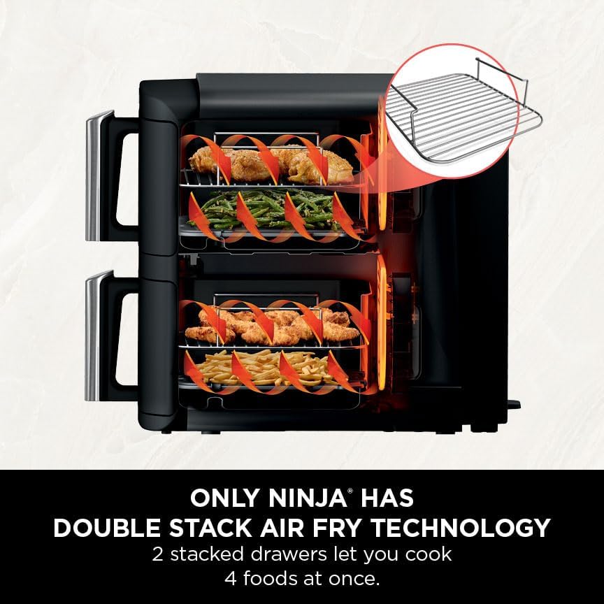Ninja SL300UK Double Stack Air Fryer 7.6L – Dual Drawer, 6 Functions, Space Saving, Black
