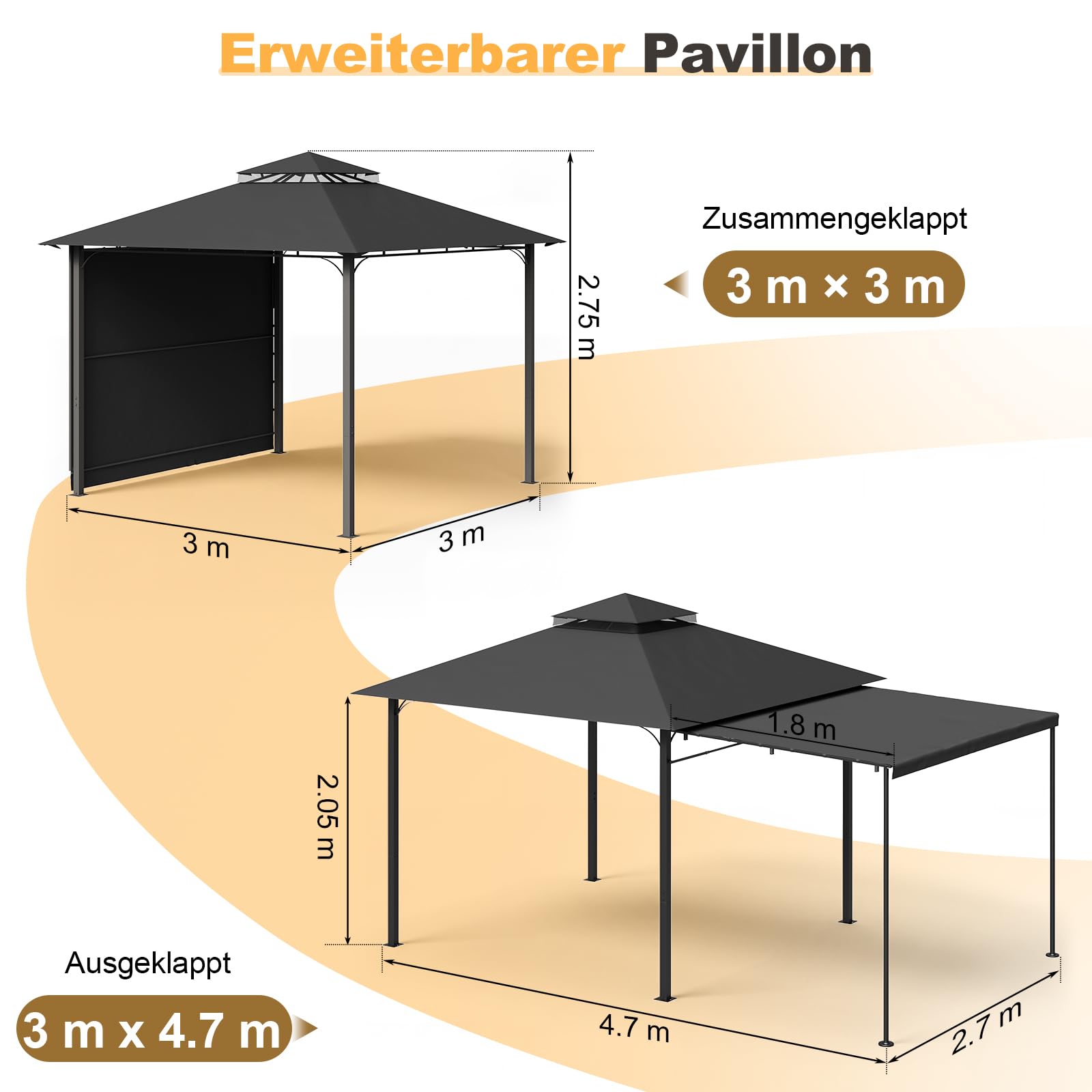 Devoko Expandable Gazebo 3x3m to 3x6m, Waterproof & UV50+ Canopy, Heavy Duty Steel Frame, with Mosquito Screens, for Garden, Patio, BBQ Parties – Grey