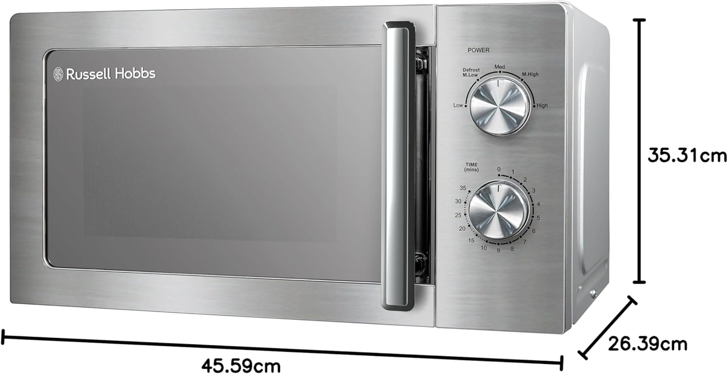 Russell Hobbs Stainless Steel Microwave 20 Litre 800W Solo Manual with 5 Power Levels, Defrost Function & Easy Clean, 35 Minute Timer, RHMM827SS