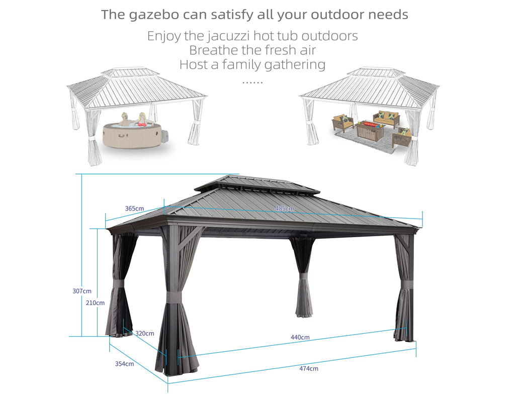 PURPLE LEAF 3.65 x 4.85m Large Hardtop Gazebo with Galvanised Steel Double Roof, Permanent Aluminium Garden Gazebo with Curtains & Netting for Patio, Lawn or Deck, Grey