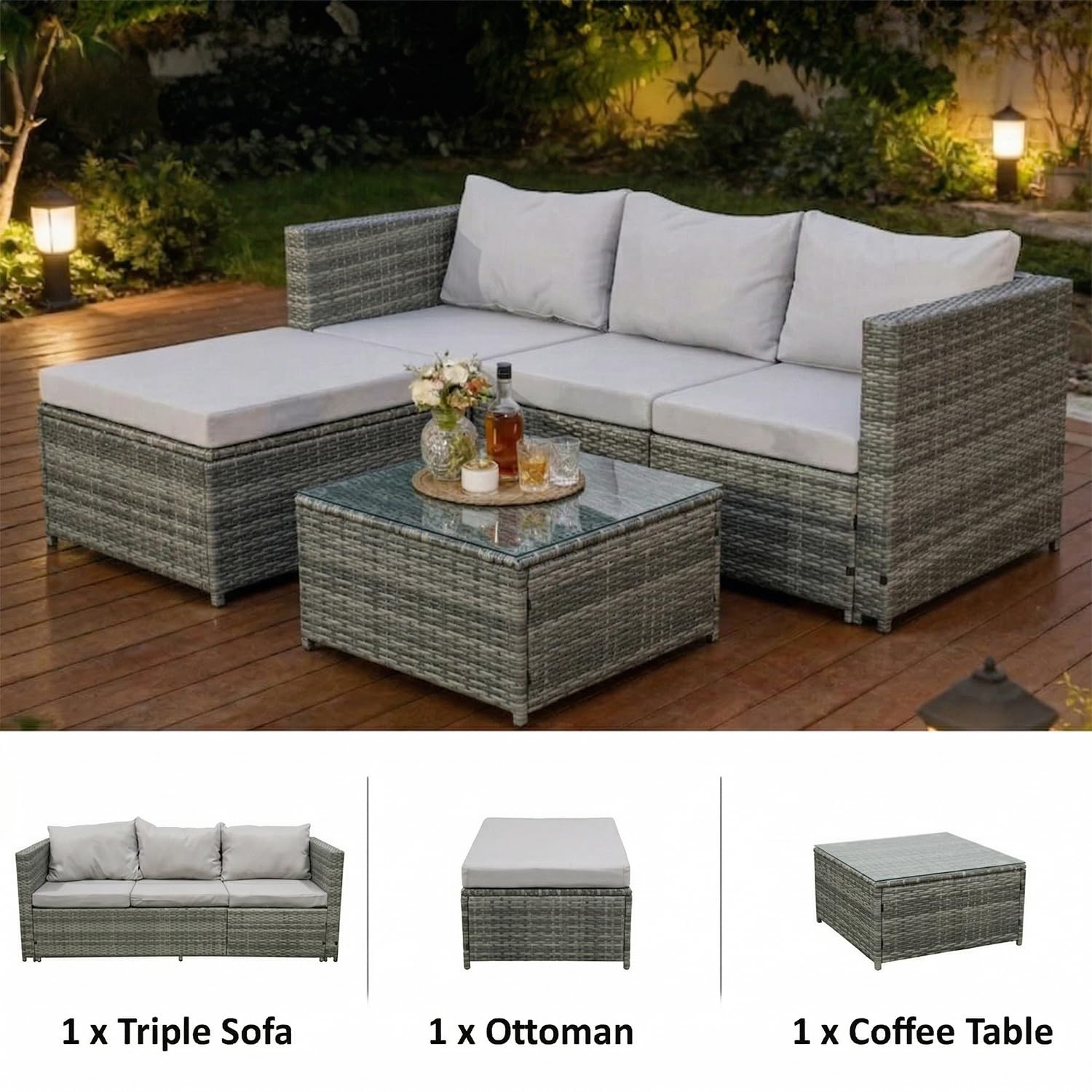 COZYBRITE Garden Corner Sofa Rattan Furniture Set 4 Seater Patio Outdoor Lounge Settee with Glass Coffee Table All-weather SFS066 (Mix Grey Rattan+Grey Cushion)