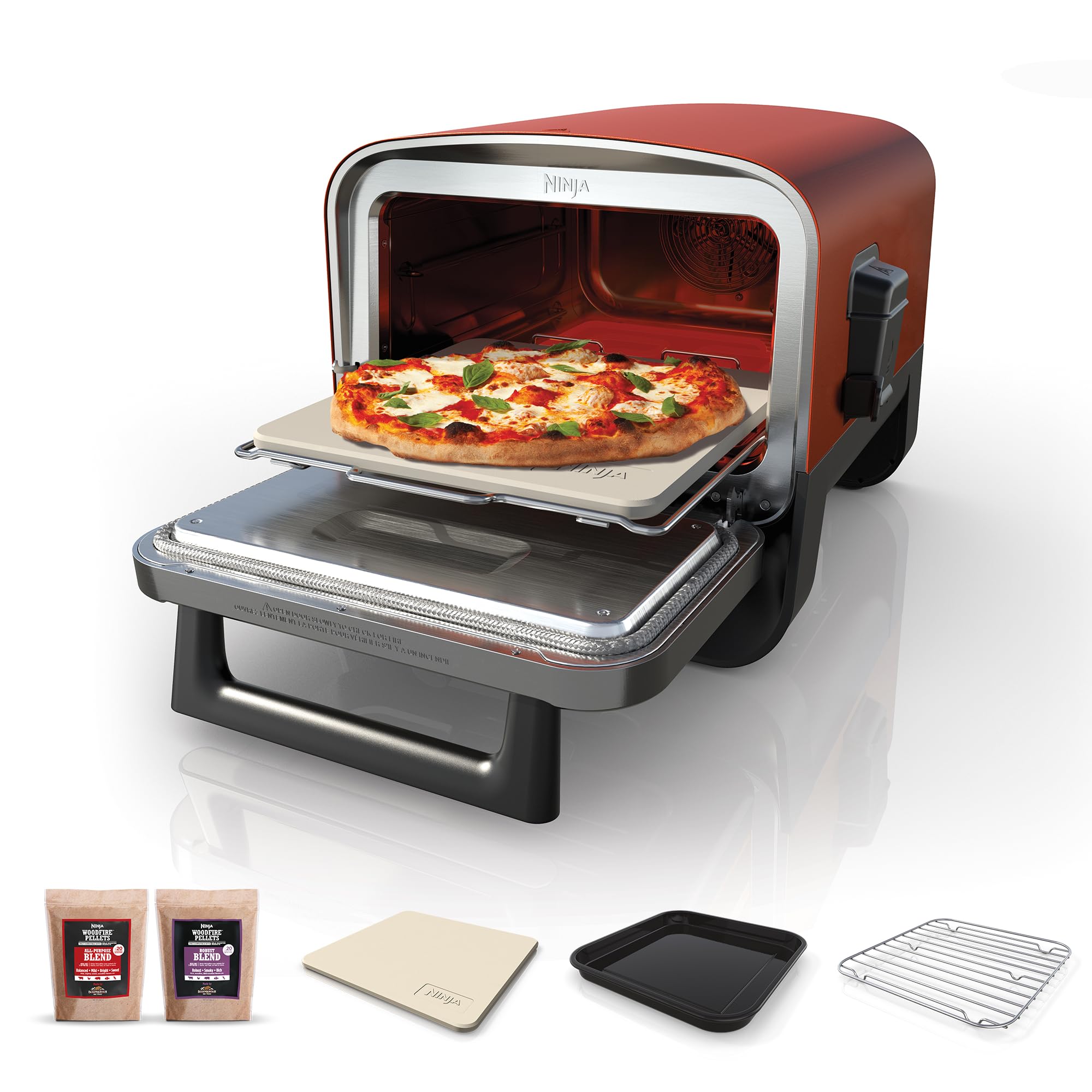 Ninja Woodfire Electric Outdoor Oven, 8-in-1 Pizza Oven, High-Heat Roaster & BBQ Smoker with Roast Rack, Pro-Heat Tray, Pizza Stone,Wood Pellets & Scoop, Electric,6 Pizza Settings,Burnt Orange OO101UK