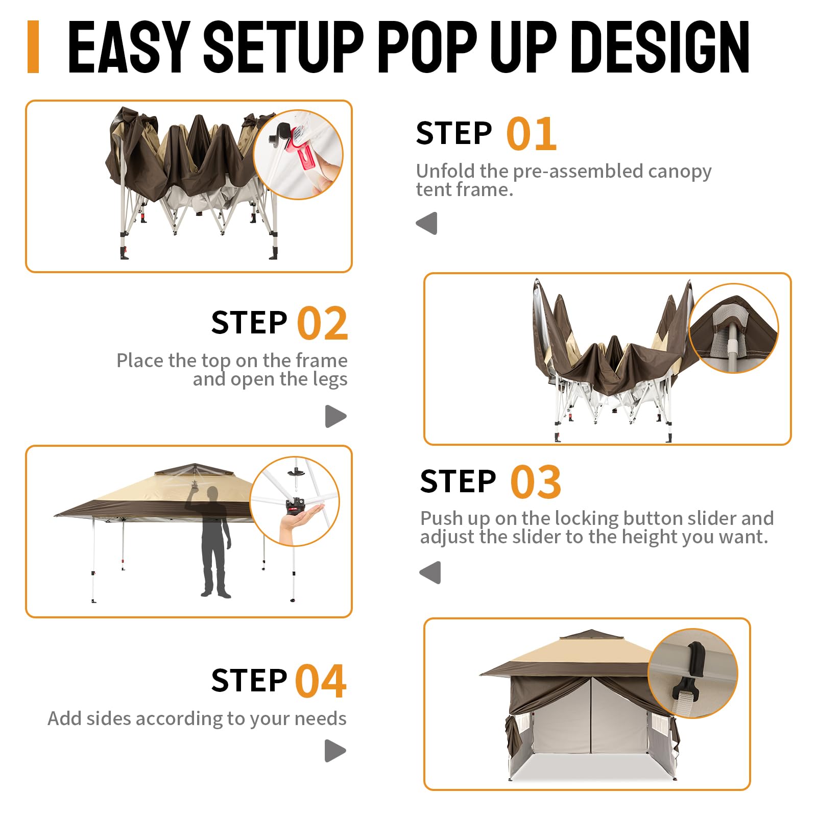 CROWN SHADES 4m x 4m Pop Up Gazebo with 4 Removable Side Panels, Double Roof Pop Up Party Canopy, Height-Adjustable Metal Frame Garden Shelter for Patio & Outdoor Events, Includes Carry Bag