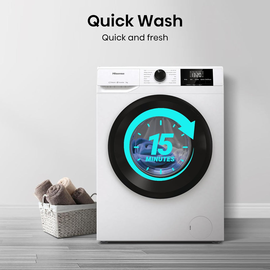 Hisense WF1G7021BW Freestanding 7 KG-Front Load Durable Inverter Washing Machine, Steam Wash-Quick Wash-15 Washing Programs-1200 RPM-White-Energy Rating B [Energy Class B]