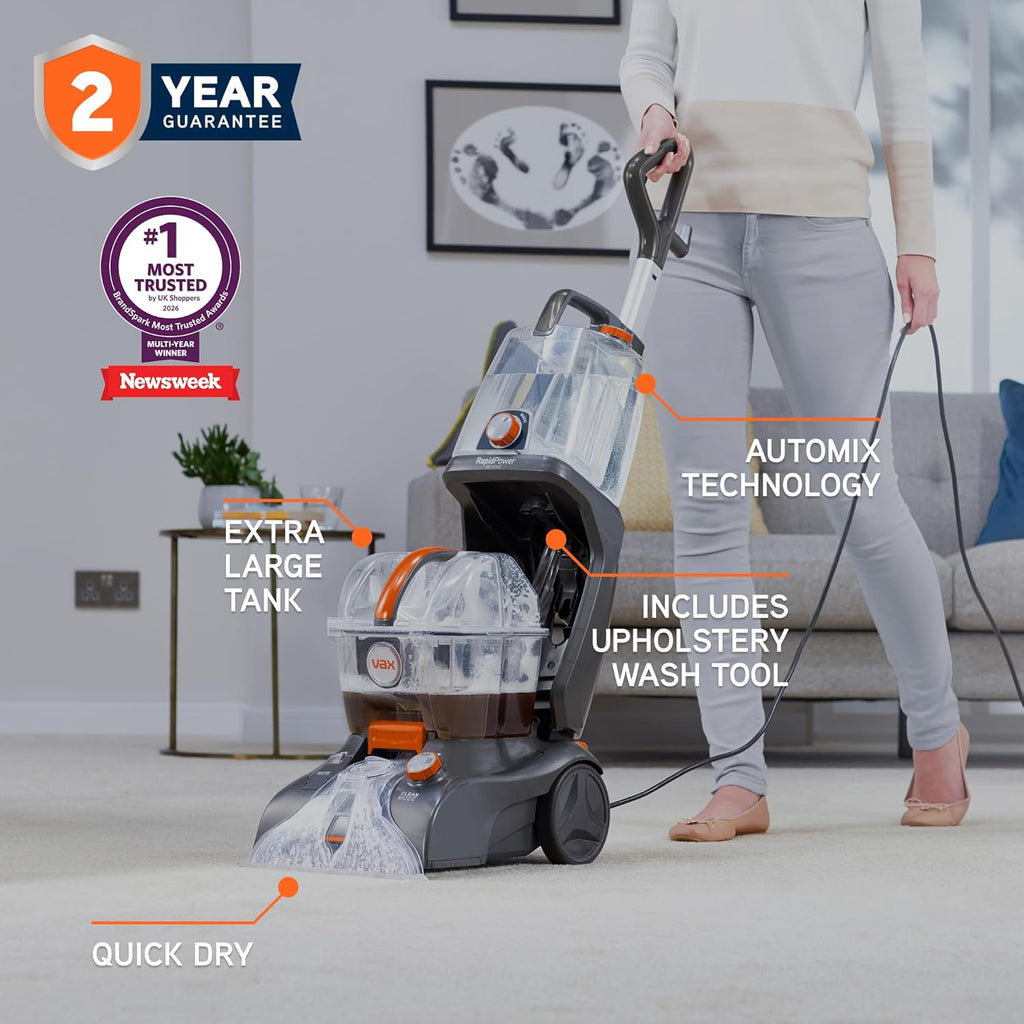 Vax Rapid Power Revive Carpet Cleaner Machine, Rug, Upholstery, Car, Stair Upright Shampooer Washer, Handheld Spot Cleaning Wash Tool, Solution, 1200W, Grey/Orange, CWGRV011