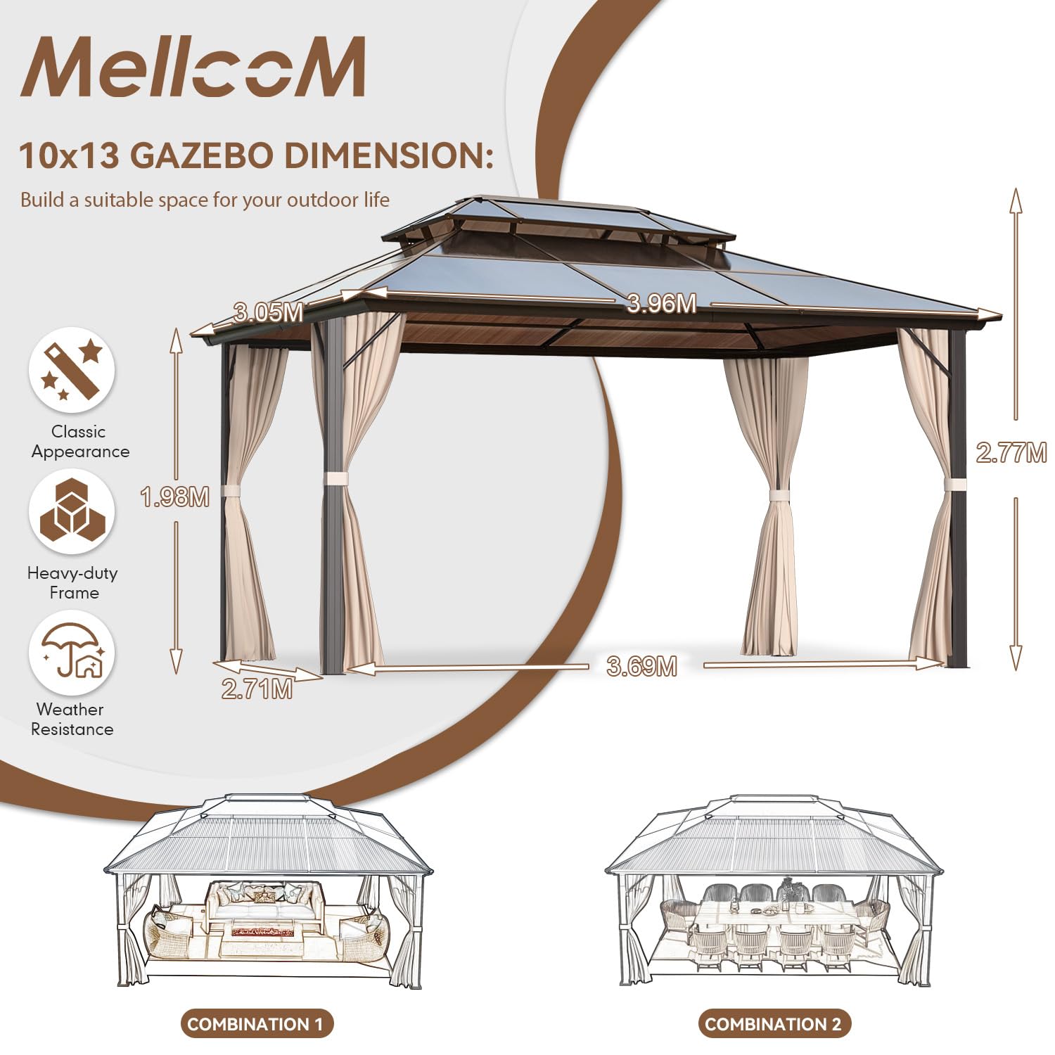 MELLCOM Hardtop Gazebo 4 X 3 m Outdoor Double Polycarbonate Roof Gazebo Garden Pavilion Canopy with Nettings, Curtains and Aluminum Frames for Patio, Backyard and Lawn