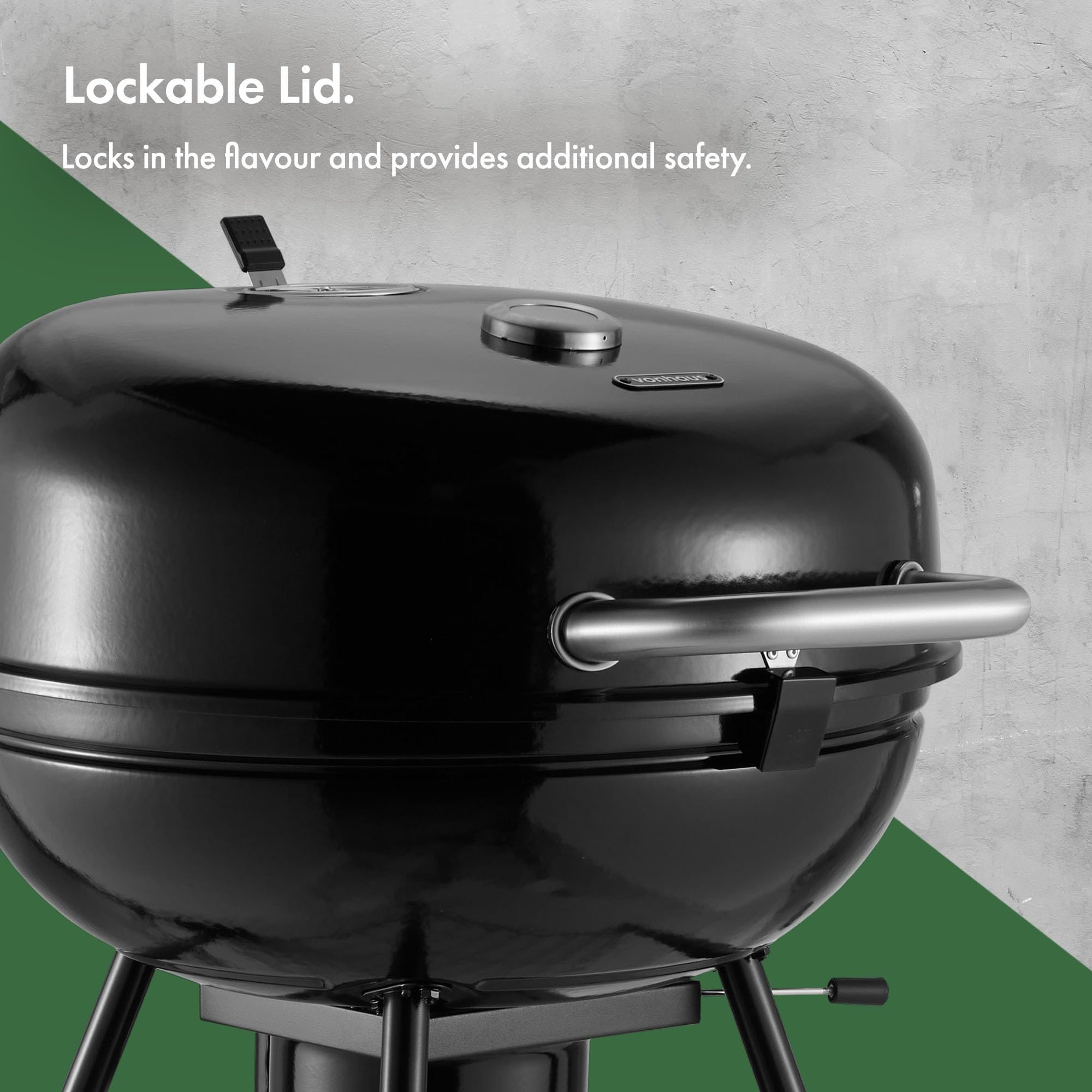 VonHaus Charcoal BBQ 22.5" – Portable Kettle Barbecue with Warming Rack, Temperature Gauge, Storage Shelf, Wheels, Lockable Lid, Removable Ash Cup, Large Cooking Grill – Grill Meat, Fish & Vegetables