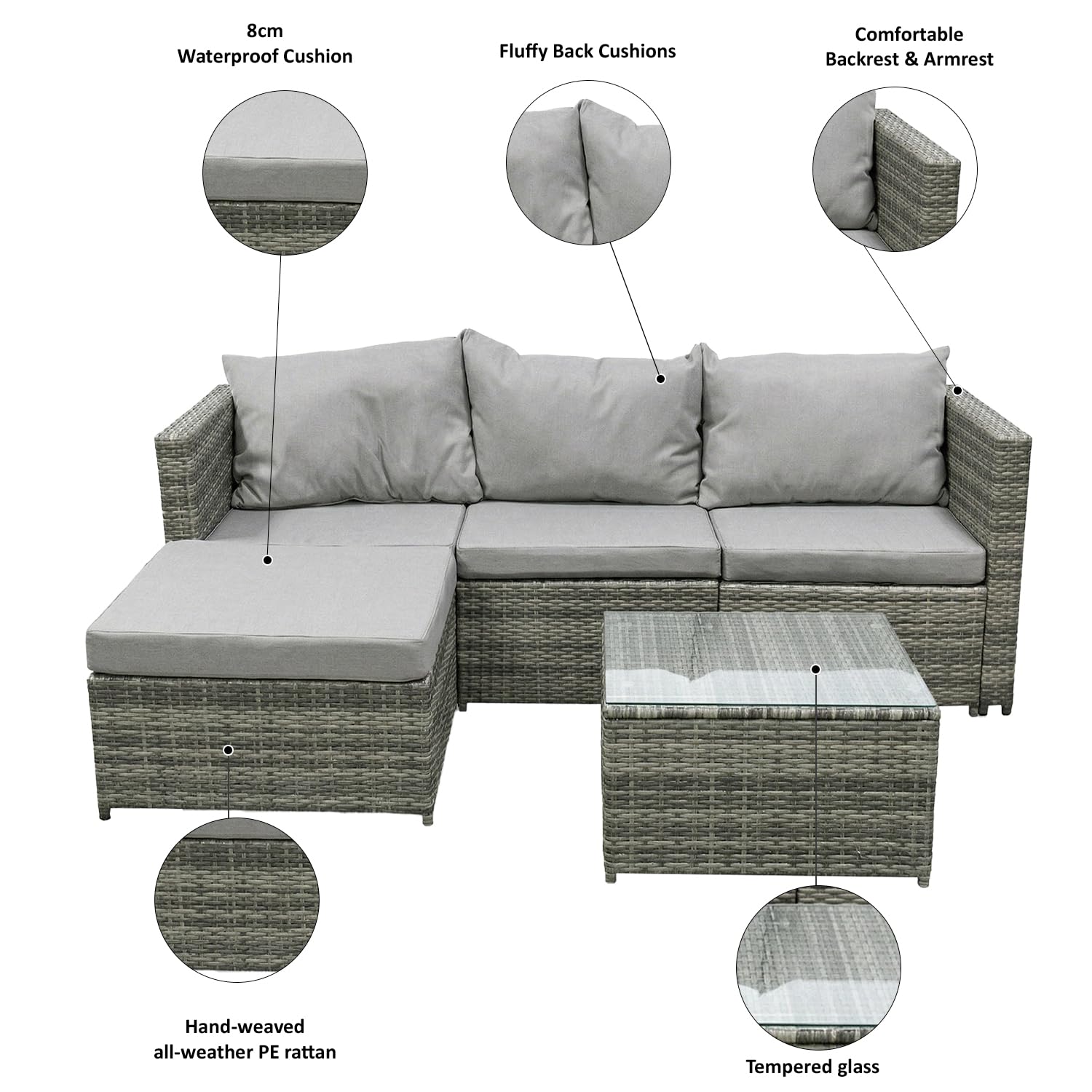 COZYBRITE Garden Corner Sofa Rattan Furniture Set 4 Seater Patio Outdoor Lounge Settee with Glass Coffee Table All-weather SFS066 (Mix Grey Rattan+Grey Cushion)