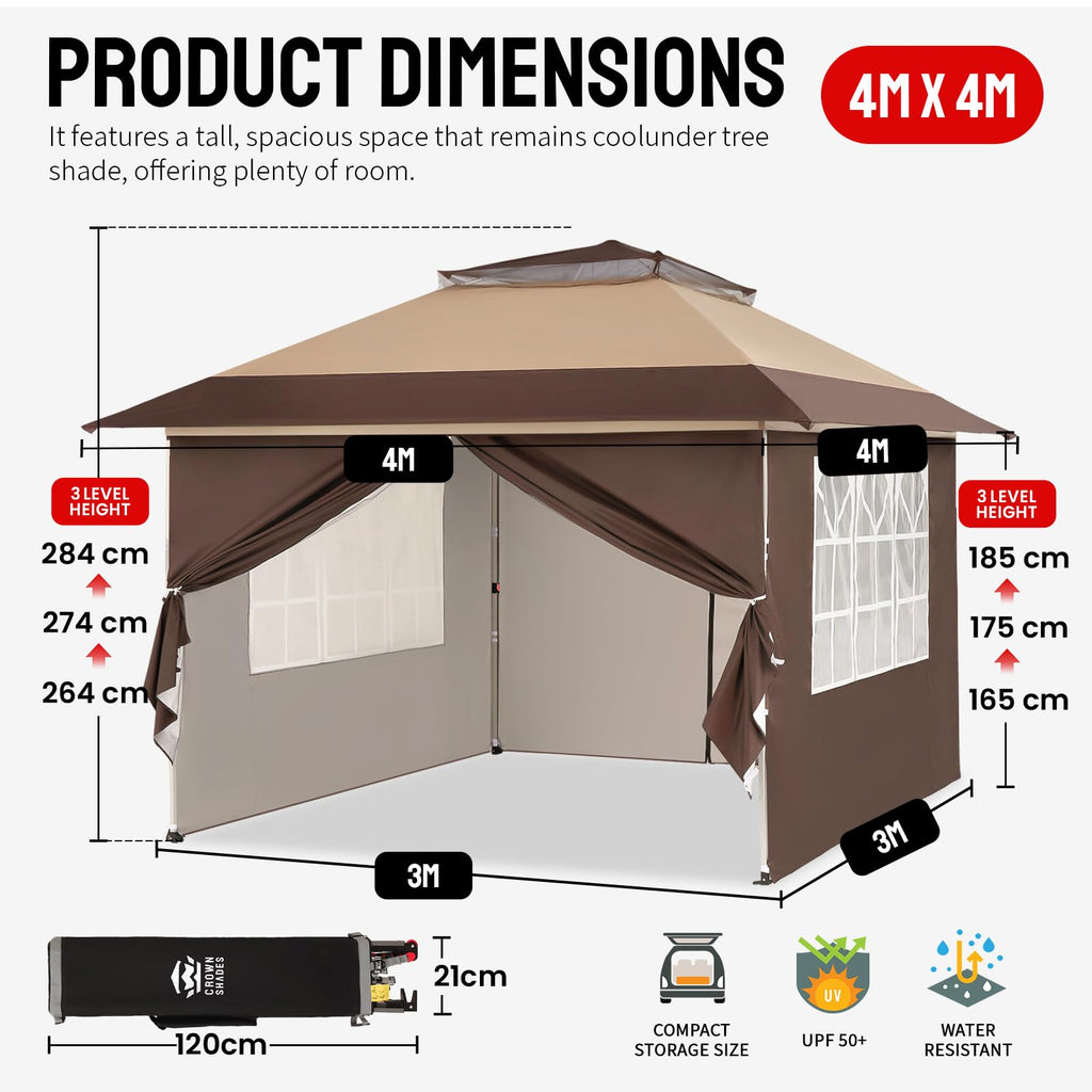 CROWN SHADES 4m x 4m Pop Up Gazebo with 4 Removable Side Panels, Double Roof Pop Up Party Canopy, Height-Adjustable Metal Frame Garden Shelter for Patio & Outdoor Events, Includes Carry Bag
