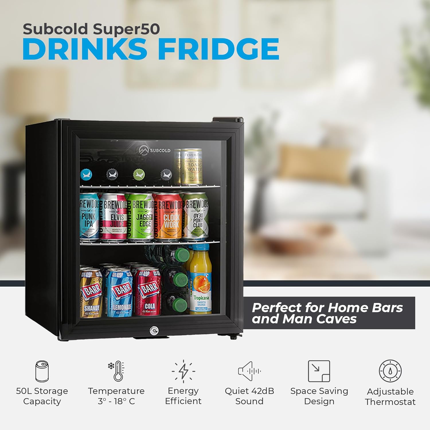 Subcold Super50 LED – Mini Fridge Black | 50L Beer, Wine & Drinks Fridge | LED Light + Lock & Key | Energy Efficient (Black) [Energy Class E]