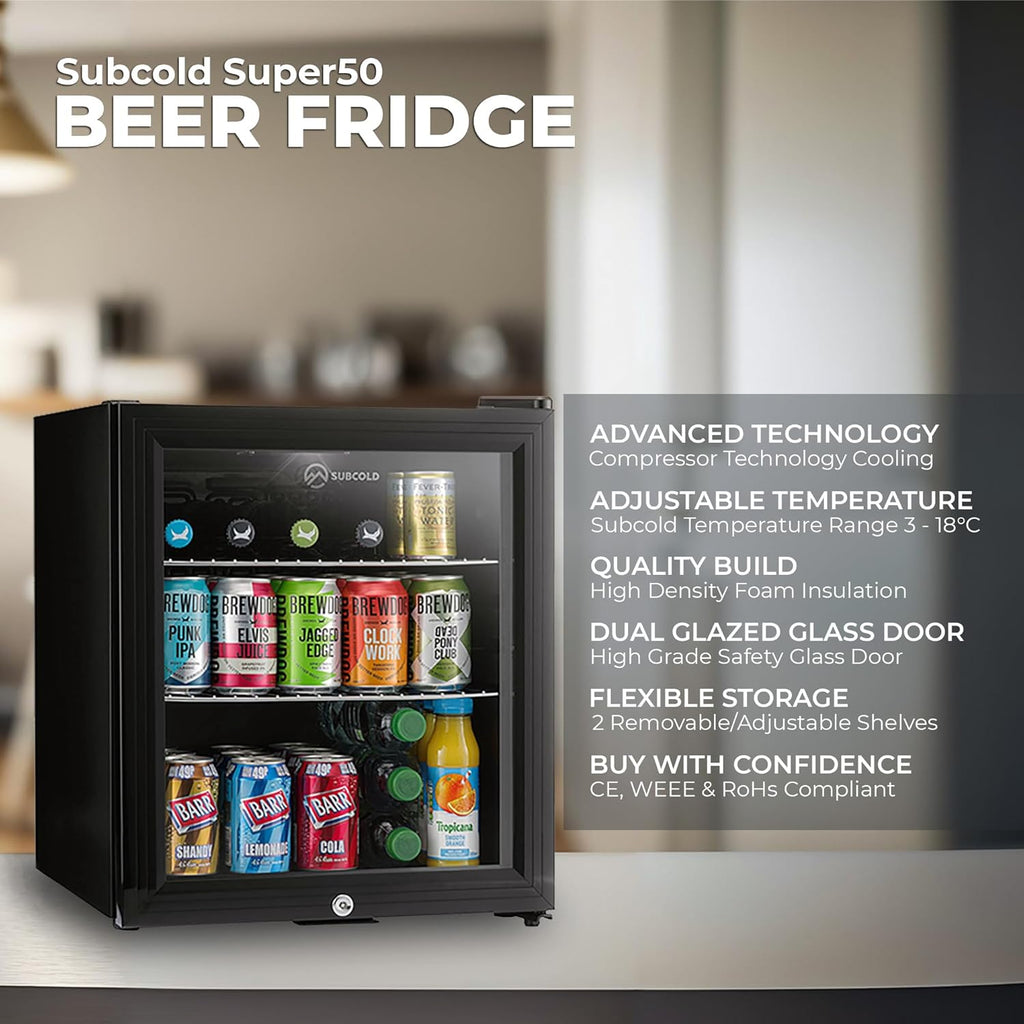 Subcold Super50 LED – Mini Fridge Black | 50L Beer, Wine & Drinks Fridge | LED Light + Lock & Key | Energy Efficient (Black) [Energy Class E]