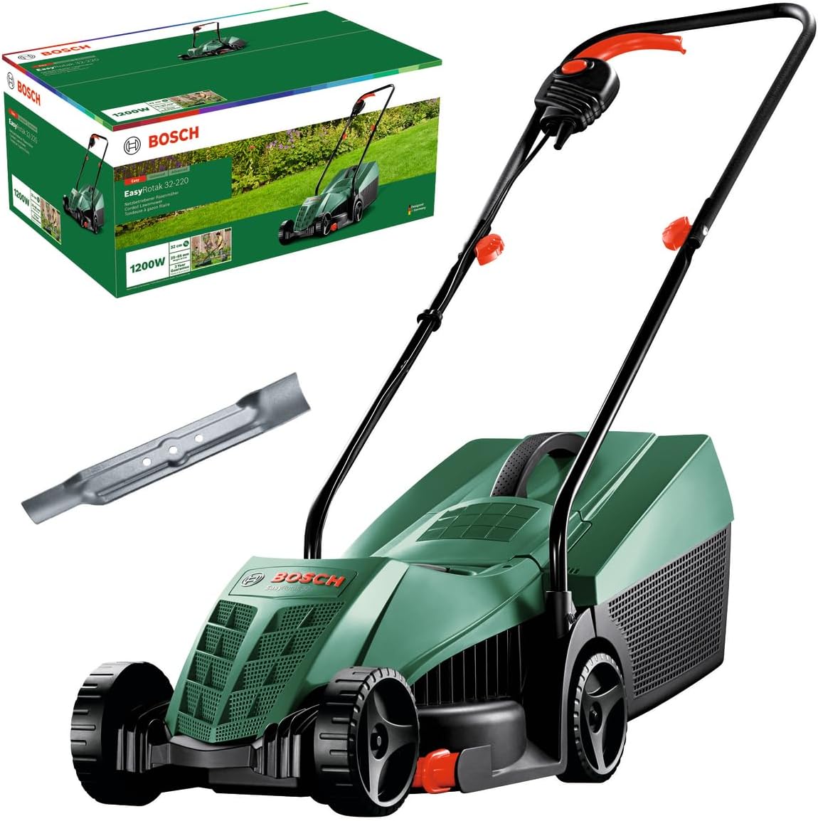 Bosch Corded Lawnmower EasyRotak 32-220 (1200 W Motor Power, Cutting Width: 32 cm, 31-Litre Grass Box, Extra 32cm Sharp Blade, Suitable for Quick and Easy Mowing with Tidy Edges) - Amazon Exclusive