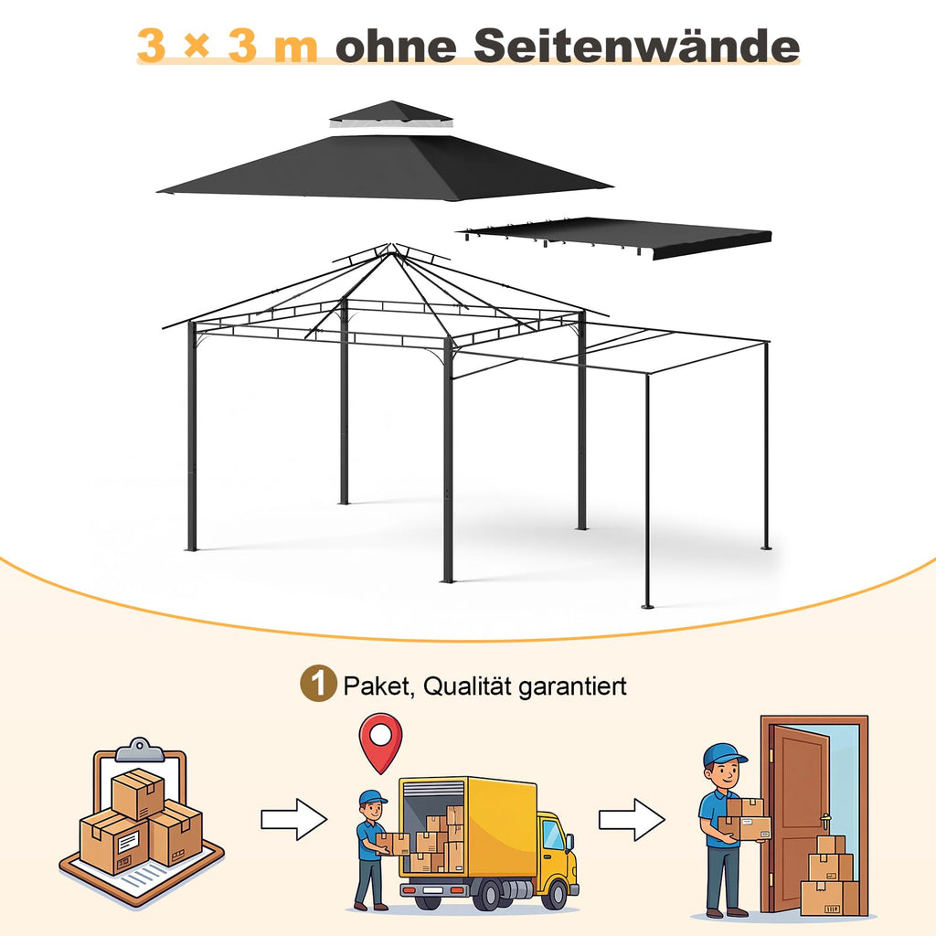 Devoko Expandable Gazebo 3x3m to 3x6m, Waterproof & UV50+ Canopy, Heavy Duty Steel Frame, with Mosquito Screens, for Garden, Patio, BBQ Parties – Grey