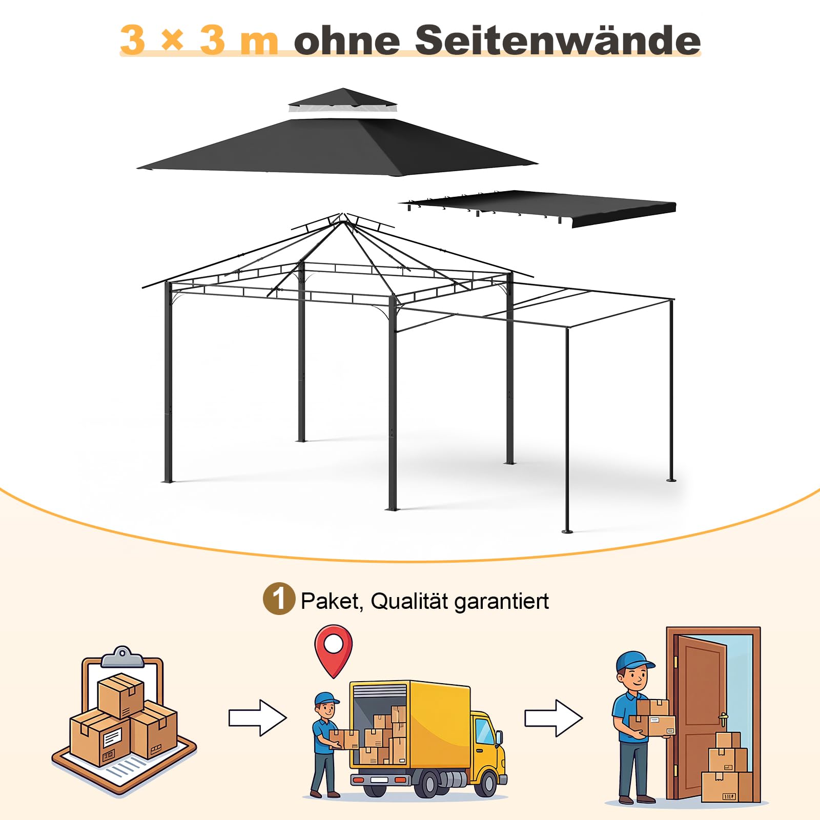Devoko Expandable Gazebo 3x3m to 3x6m, Waterproof & UV50+ Canopy, Heavy Duty Steel Frame, with Mosquito Screens, for Garden, Patio, BBQ Parties – Grey