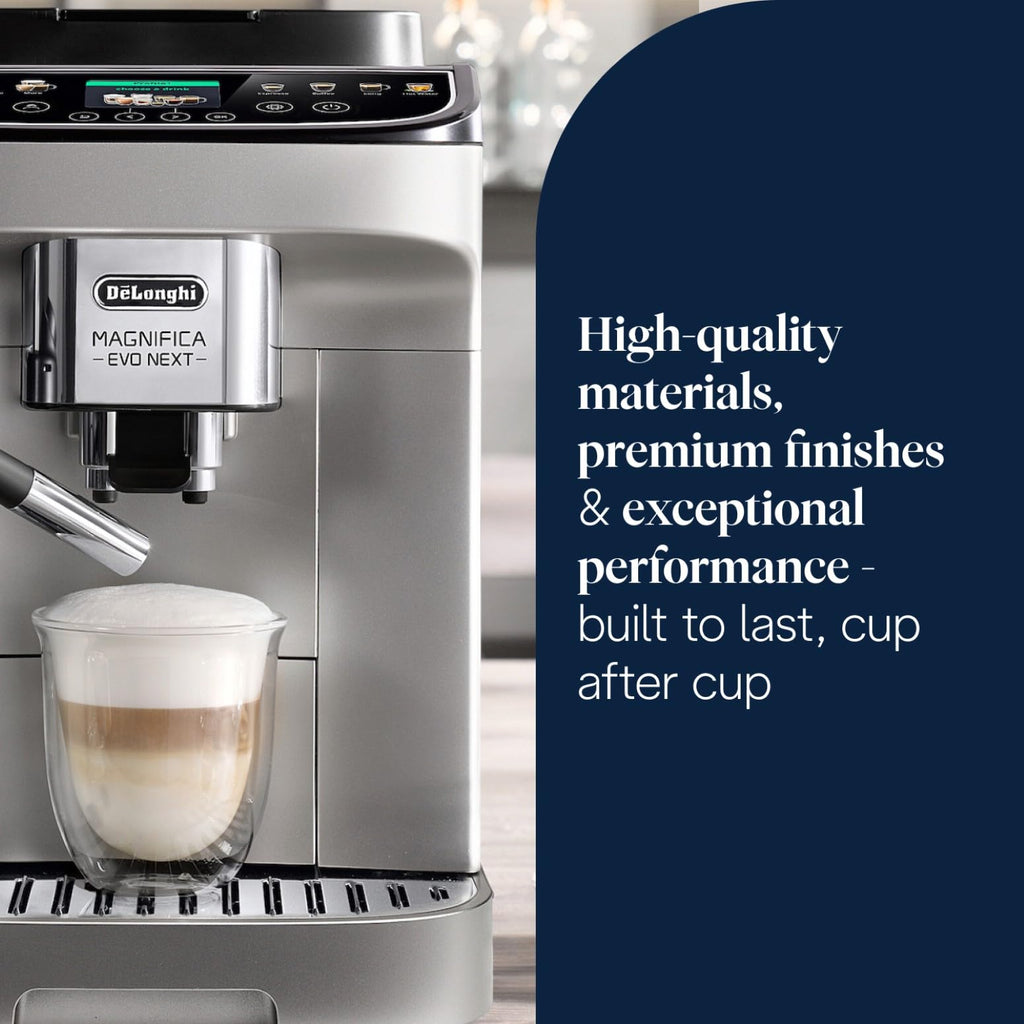 De’Longhi Magnifica Evo Next - Perfetto Automatic Coffee Machine with LatteCrema Automatic Milk Frothing, 13 One-Touch Drinks, Colour Touch Display, Silver Black (ECAM310.80.SB)