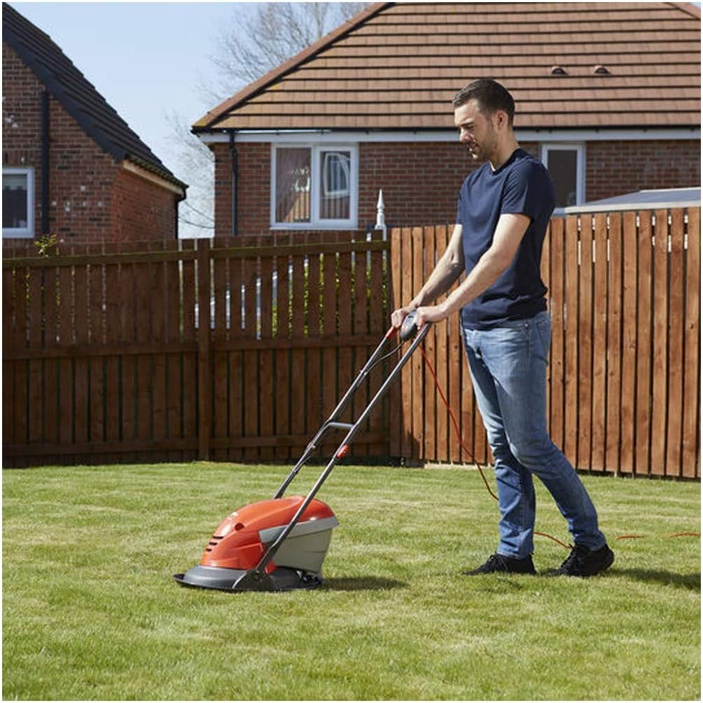Flymo Hover Vac 250 Electric Hover Collect Lawn Mower - 1400W, 25cm Cutting Width, 15L Grass Box, Ambidextrous Handles, Folds Flat, Orange and Grey
