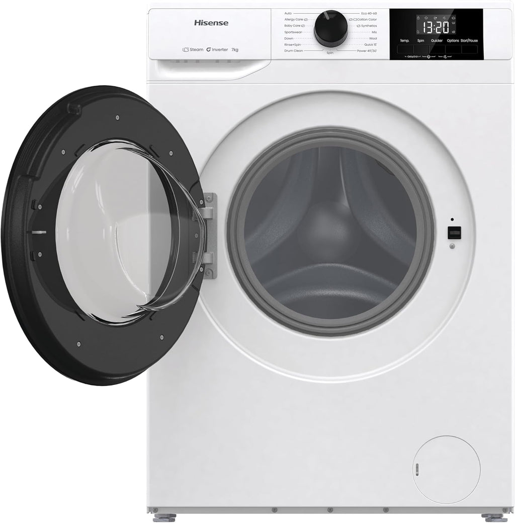 Hisense WF1G7021BW Freestanding 7 KG-Front Load Durable Inverter Washing Machine, Steam Wash-Quick Wash-15 Washing Programs-1200 RPM-White-Energy Rating B [Energy Class B]