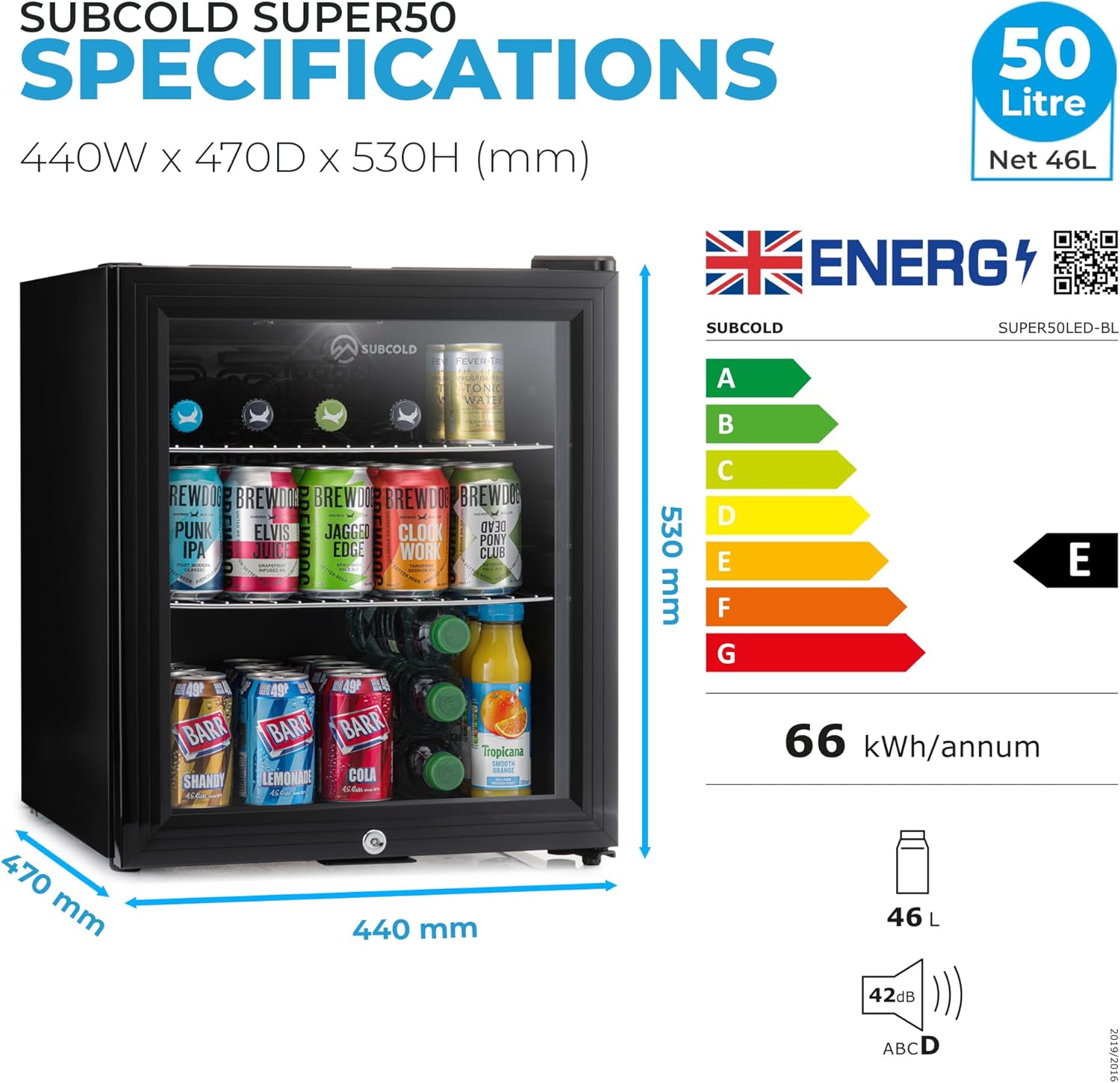 Subcold Super50 LED – Mini Fridge Black | 50L Beer, Wine & Drinks Fridge | LED Light + Lock & Key | Energy Efficient (Black) [Energy Class E]