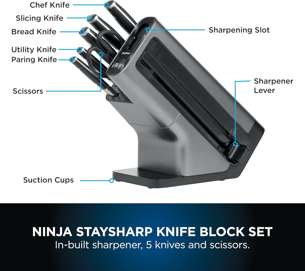 Ninja Foodi StaySharp Knife Block with Integrated Sharpener 5 Knives and Scissors (1 pair), Sharp 6-Piece Knife Set Chef, Bread, Slicing, Utility, Paring Knives & Scissors, Stainless Steel, K32006UK