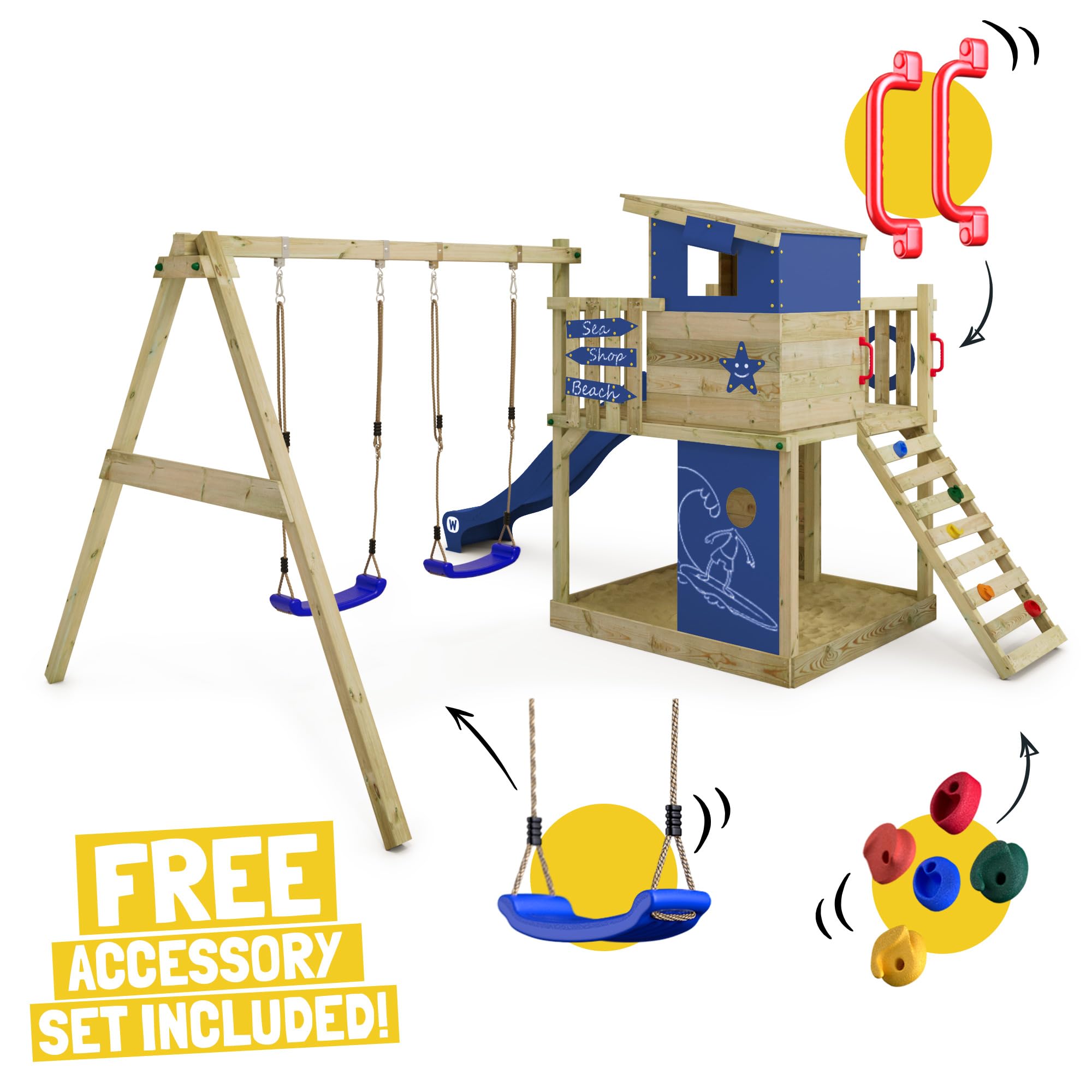 WICKEY Wooden climbing frame Smart Camp with swing set & green slide, Outdoor kids playhouse with sandpit, climbing ladder & play-accessories for the garden