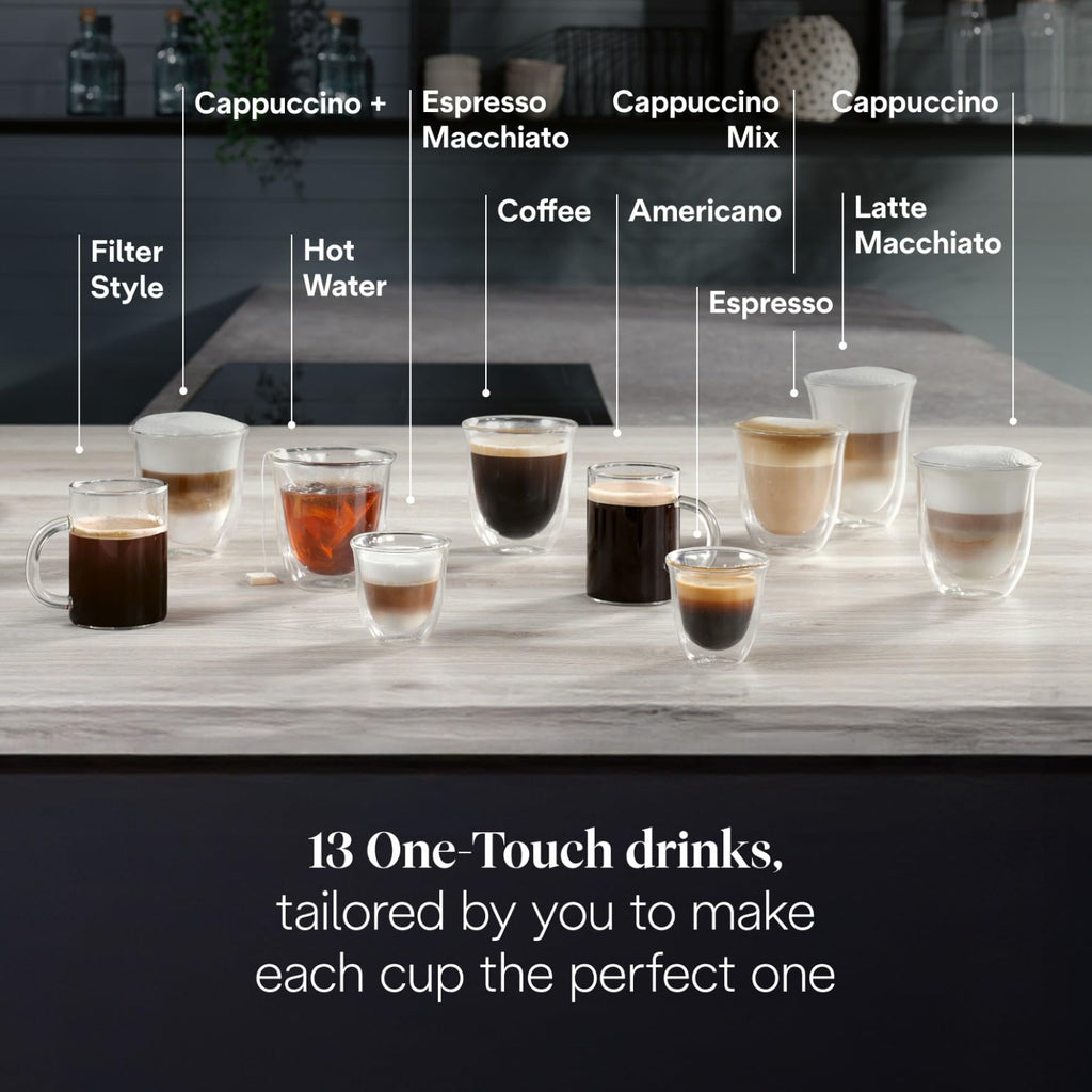 De’Longhi Magnifica Evo Next - Perfetto Automatic Coffee Machine with LatteCrema Automatic Milk Frothing, 13 One-Touch Drinks, Colour Touch Display, Silver Black (ECAM310.80.SB)
