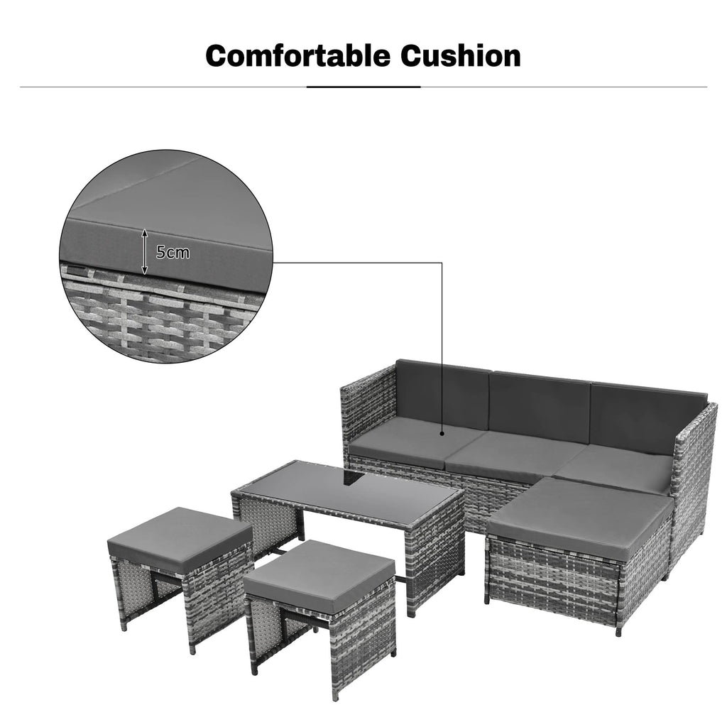 BTM 6 Seater Garden Furniture Set, PE Ratten Garden Sofa Set, Lounge Set with an Adjustable Seat for Lying & Tee Table & Cushions & Ottomans