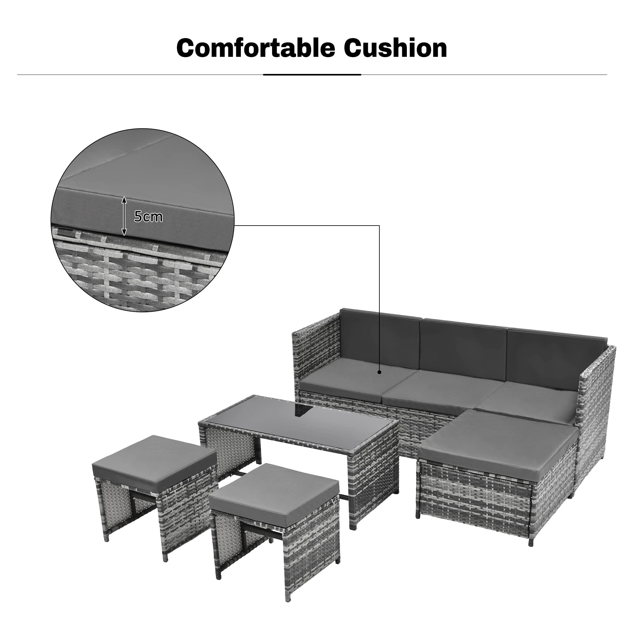 BTM 6 Seater Garden Furniture Set, PE Ratten Garden Sofa Set, Lounge Set with an Adjustable Seat for Lying & Tee Table & Cushions & Ottomans