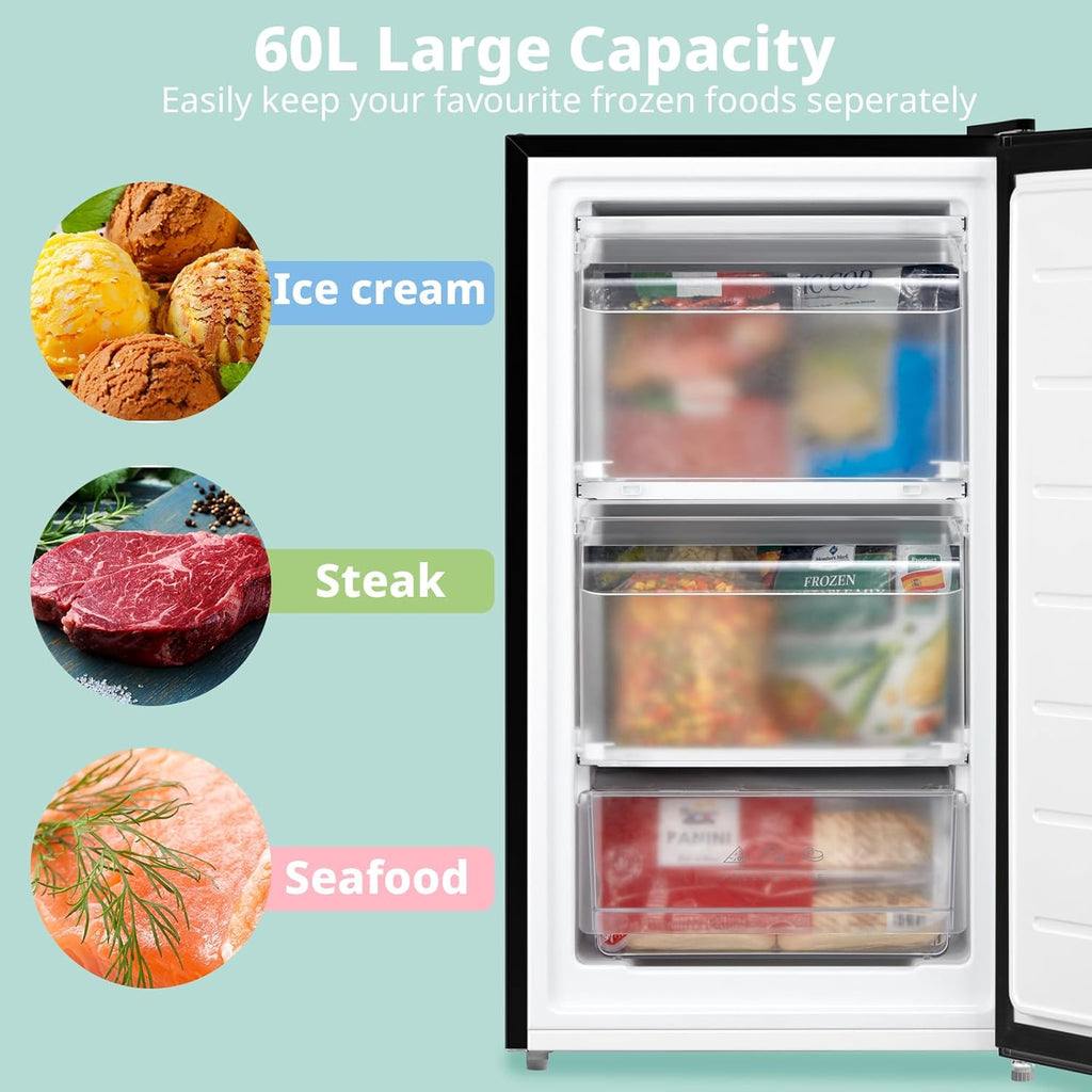 COMFEE' RCU60BL2UK(E) 60 Litre Freestanding Under Counter, 48cm Upright Freezer Adjustable Thermostat, Reversible Door, 4 Star Freezer Rating Drawer, Black [Energy Class E]
