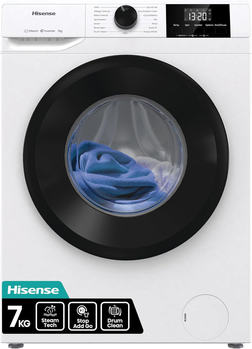 Hisense WF1G7021BW Freestanding 7 KG-Front Load Durable Inverter Washing Machine, Steam Wash-Quick Wash-15 Washing Programs-1200 RPM-White-Energy Rating B [Energy Class B]