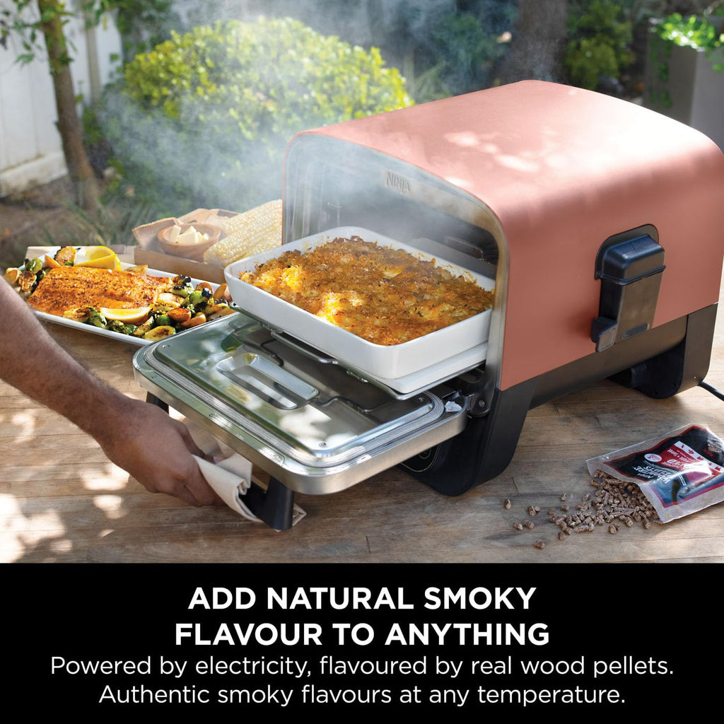 Ninja Woodfire Electric Outdoor Oven, 8-in-1 Pizza Oven, High-Heat Roaster & BBQ Smoker with Roast Rack, Pro-Heat Tray, Pizza Stone,Wood Pellets & Scoop, Electric,6 Pizza Settings,Burnt Orange OO101UK