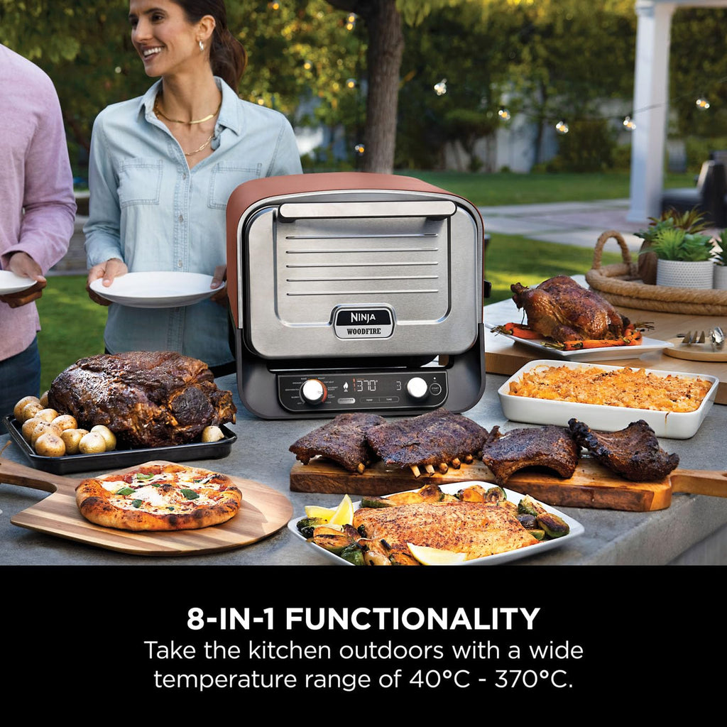 Ninja Woodfire Electric Outdoor Oven, 8-in-1 Pizza Oven, High-Heat Roaster & BBQ Smoker with Roast Rack, Pro-Heat Tray, Pizza Stone,Wood Pellets & Scoop, Electric,6 Pizza Settings,Burnt Orange OO101UK