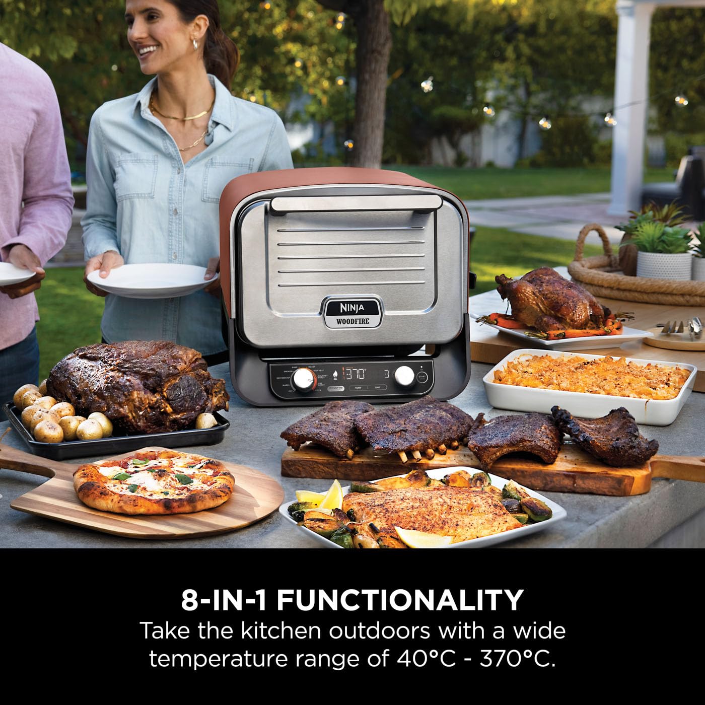 Ninja Woodfire Electric Outdoor Oven, 8-in-1 Pizza Oven, High-Heat Roaster & BBQ Smoker with Roast Rack, Pro-Heat Tray, Pizza Stone,Wood Pellets & Scoop, Electric,6 Pizza Settings,Burnt Orange OO101UK