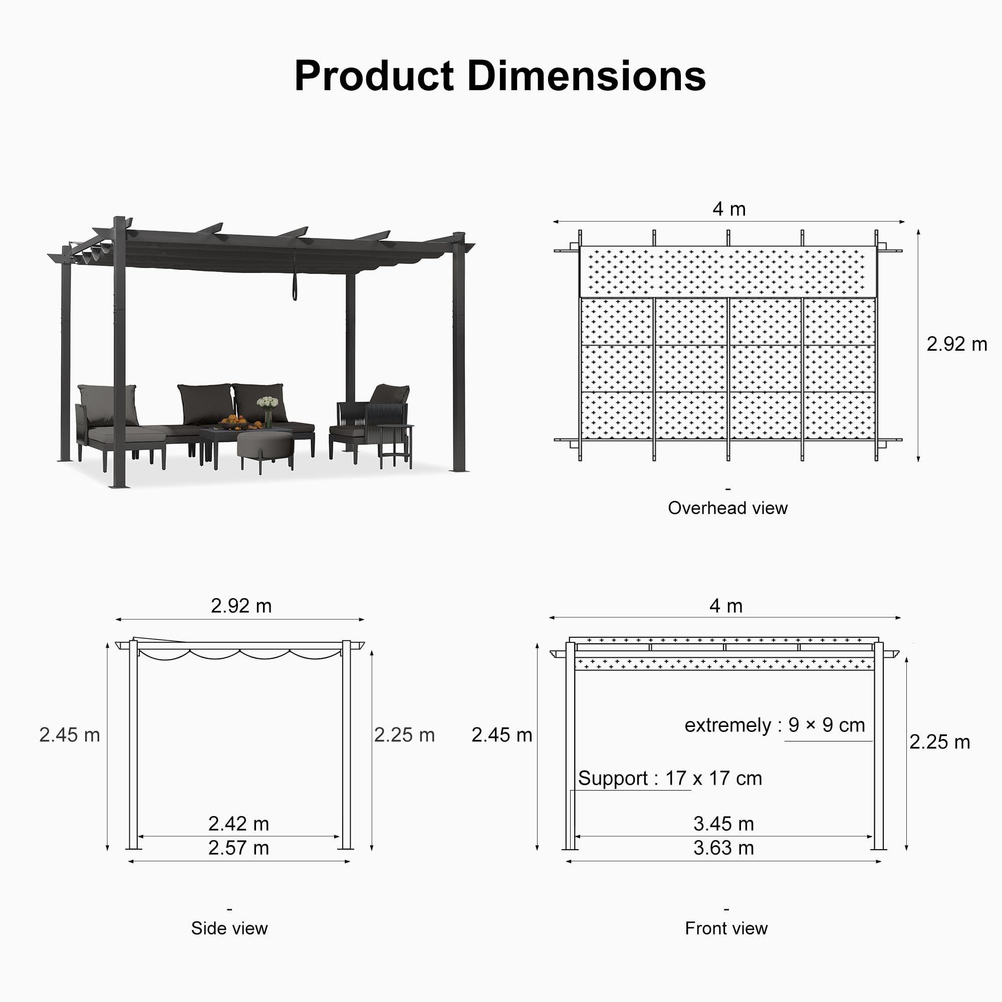 PURPLE LEAF 3 X 4 m Retractable Pergola, Aluminium Garden Pergola with Canopy, Outdoor Patio Gazebo Shelter UV & Water Resistant for Garden, Decking & Balcony, Gery