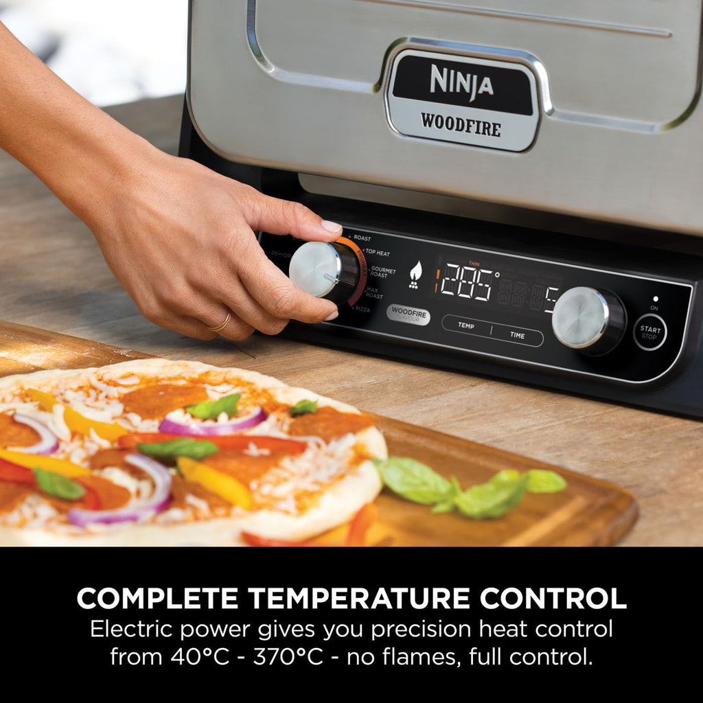 Ninja Woodfire Electric Outdoor Oven, 8-in-1 Pizza Oven, High-Heat Roaster & BBQ Smoker with Roast Rack, Pro-Heat Tray, Pizza Stone,Wood Pellets & Scoop, Electric,6 Pizza Settings,Burnt Orange OO101UK