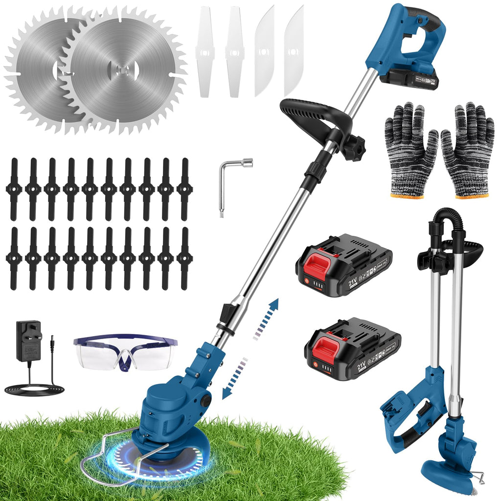 21V Cordless Strimmer, 700W Grass Trimmer with 2x 2000mAh Batteries, Lightweight Foldable Battery Strimmers Cordless with 26 Blades,90° Adjustable Head for Garden Lawn Weeding - Deep Blue
