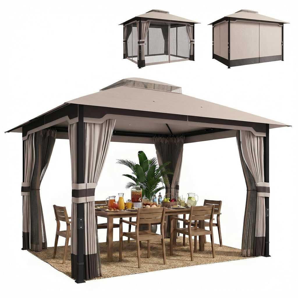 Outsunny 3 x 3.6 m Outdoor Garden Gazebo with Netting and Curtains, Double Roof Patio Gazebo Permanent Pavilion Canopy Shelter with Metal Frame, Drainage Holes, Khaki