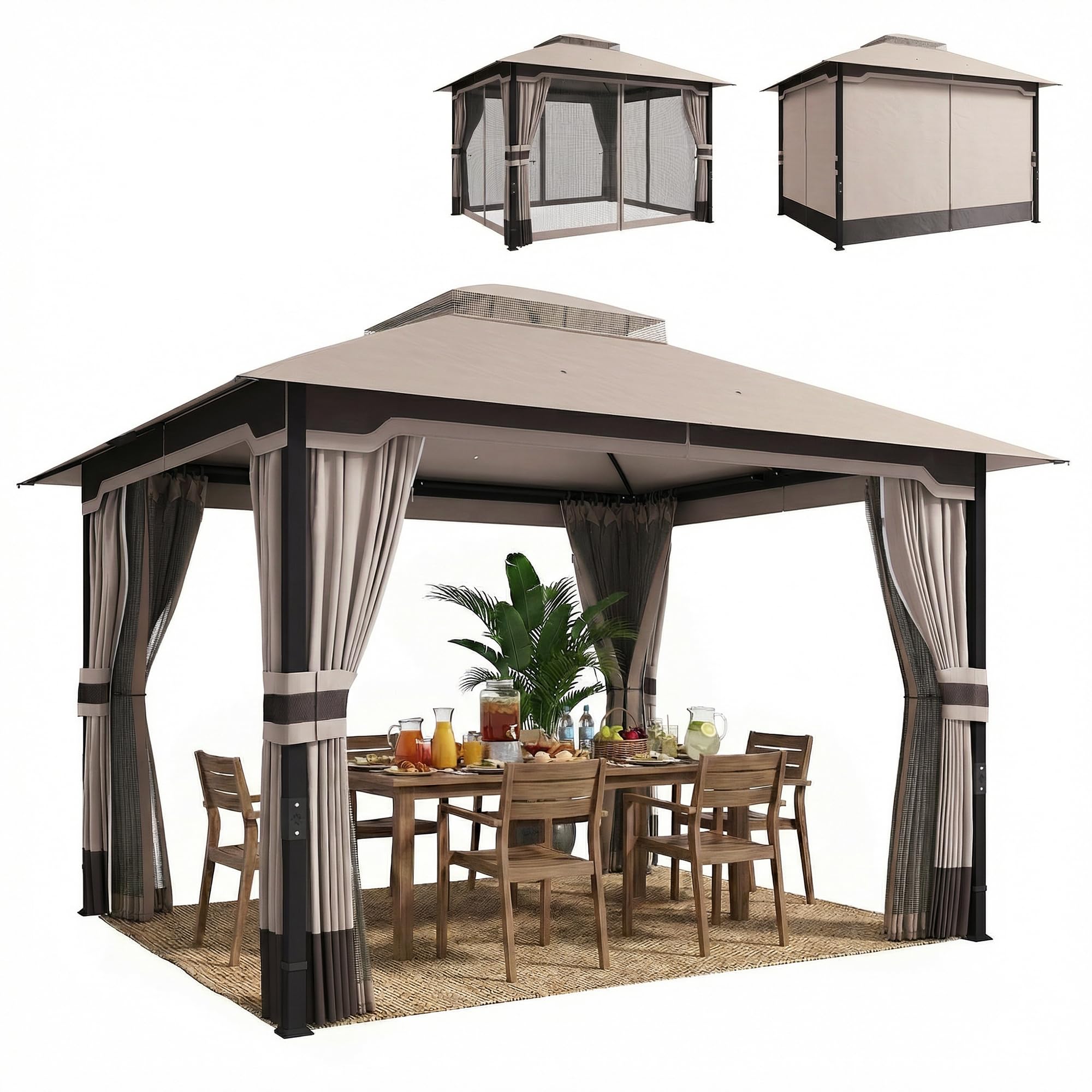 Outsunny 3 x 3.6 m Outdoor Garden Gazebo with Netting and Curtains, Double Roof Patio Gazebo Permanent Pavilion Canopy Shelter with Metal Frame, Drainage Holes, Khaki