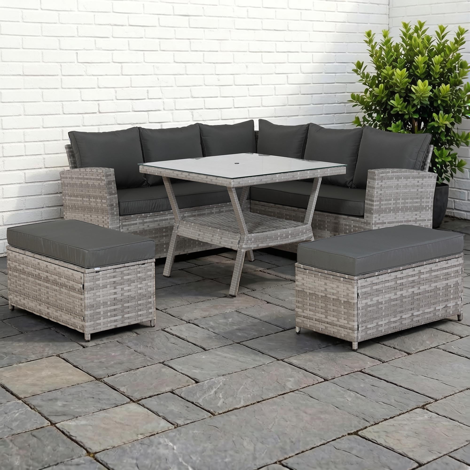 Spring Garden Bristol 9-Seater Rattan Garden Furniture Set with Parasol Hole & Cover,Flexible L-Shape Corner Sofa, 90cm Dining Table& 2 Benches - Free Rain Cover - Grey/Grey - All-Weather