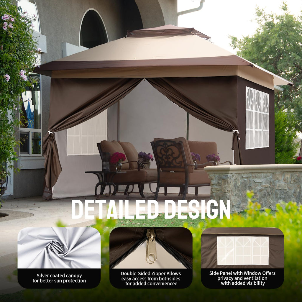CROWN SHADES 4m x 4m Pop Up Gazebo with 4 Removable Side Panels, Double Roof Pop Up Party Canopy, Height-Adjustable Metal Frame Garden Shelter for Patio & Outdoor Events, Includes Carry Bag