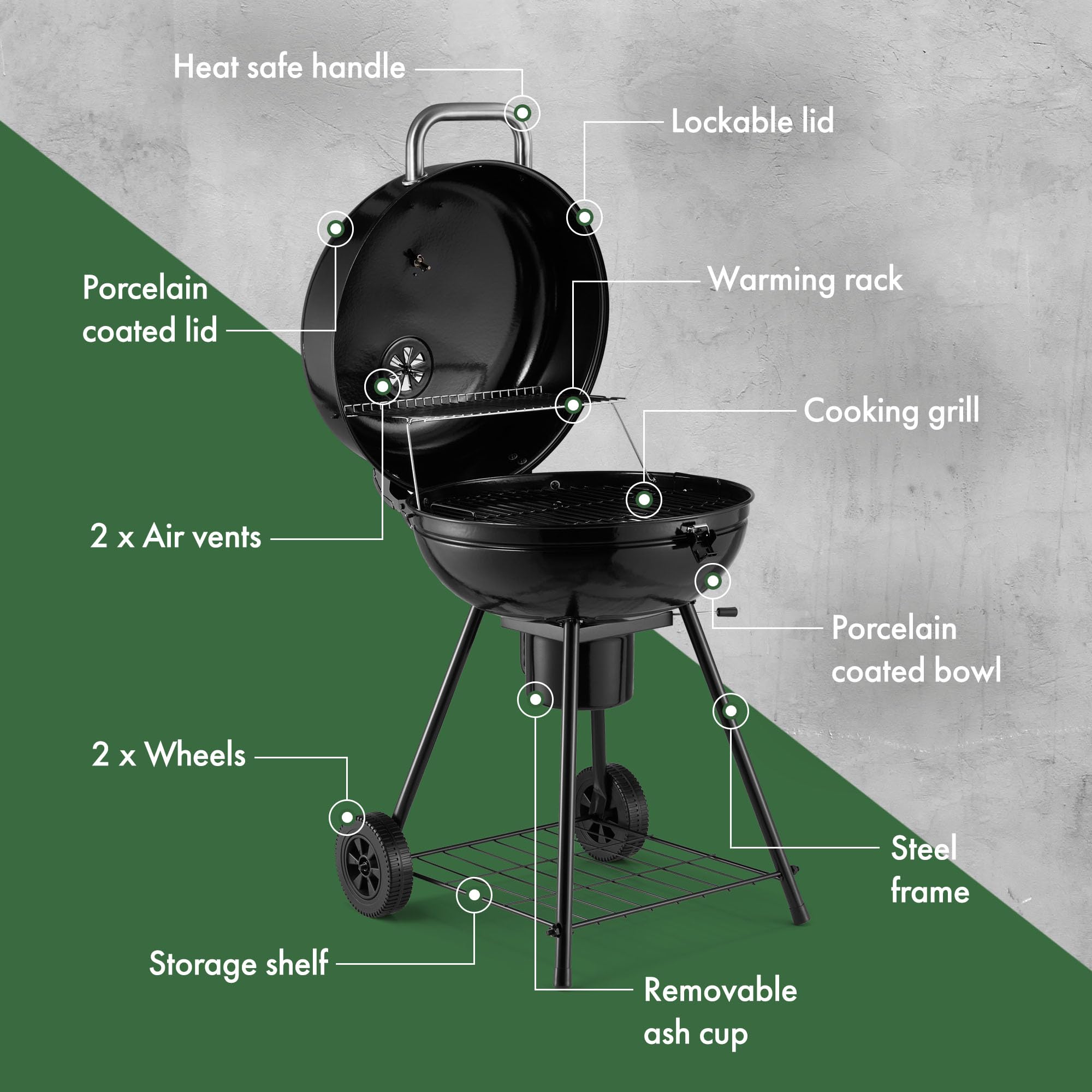 VonHaus Charcoal BBQ 22.5" – Portable Kettle Barbecue with Warming Rack, Temperature Gauge, Storage Shelf, Wheels, Lockable Lid, Removable Ash Cup, Large Cooking Grill – Grill Meat, Fish & Vegetables