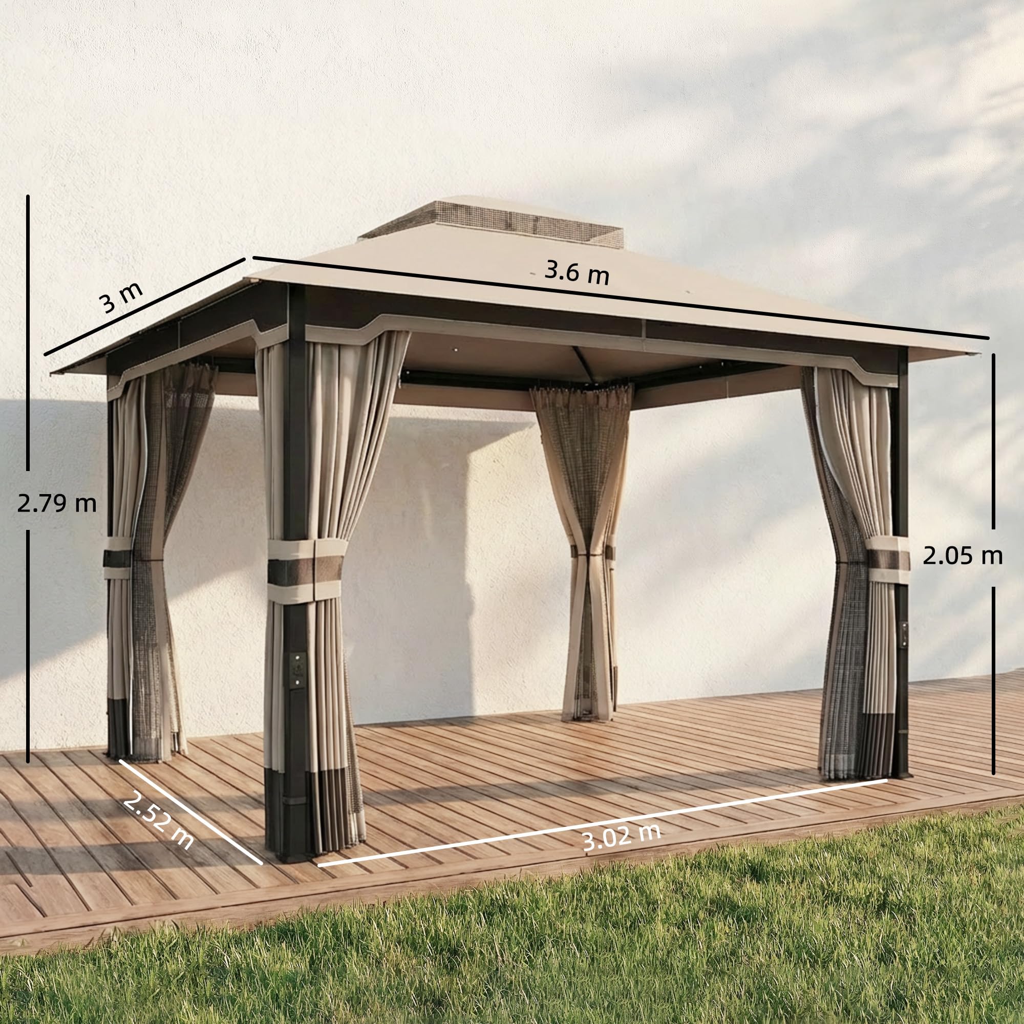 Outsunny 3 x 3.6 m Outdoor Garden Gazebo with Netting and Curtains, Double Roof Patio Gazebo Permanent Pavilion Canopy Shelter with Metal Frame, Drainage Holes, Khaki